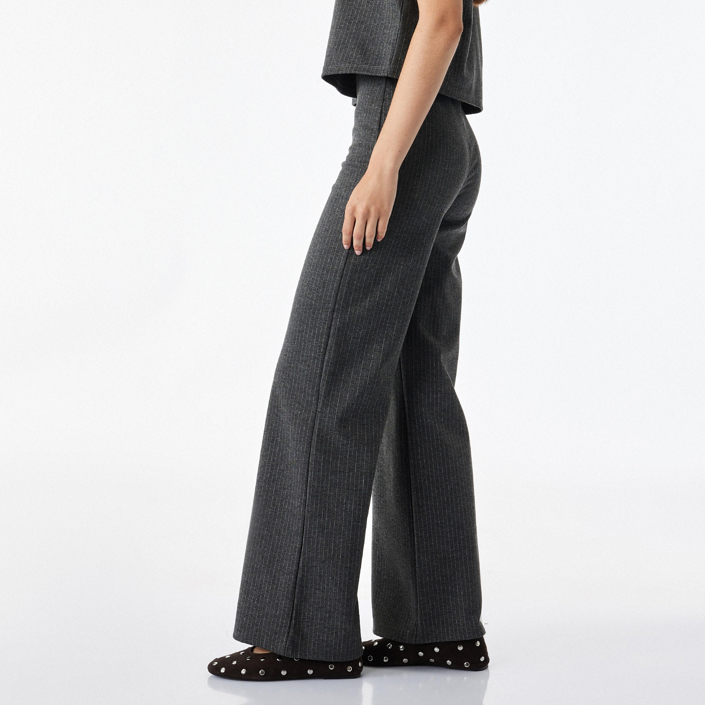 KOTON Grey Striped Metallic Elasticated Wide Leg Women's Trousers-women-clothing-trousers-image-3