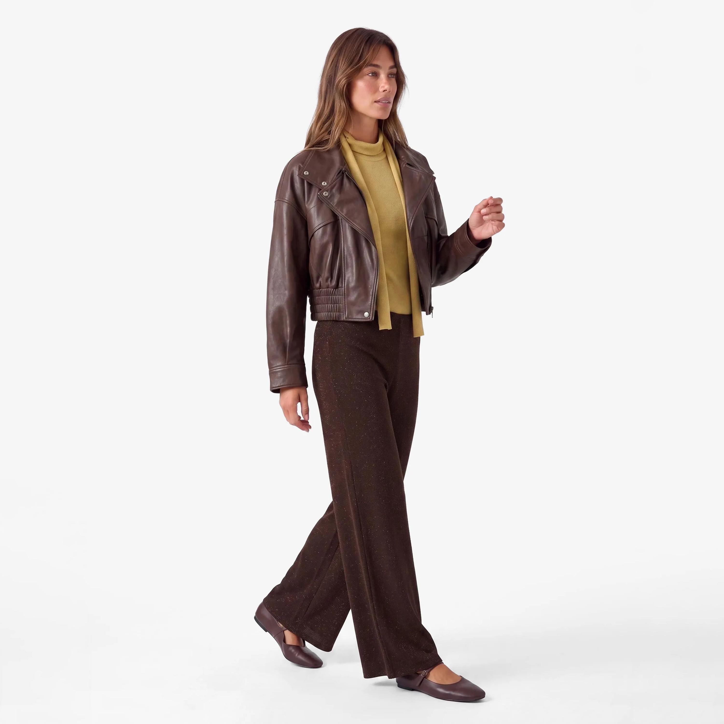 KOTON Brown Textured Cotton Wide Leg Women's Trousers-women-clothing-trousers-image-2