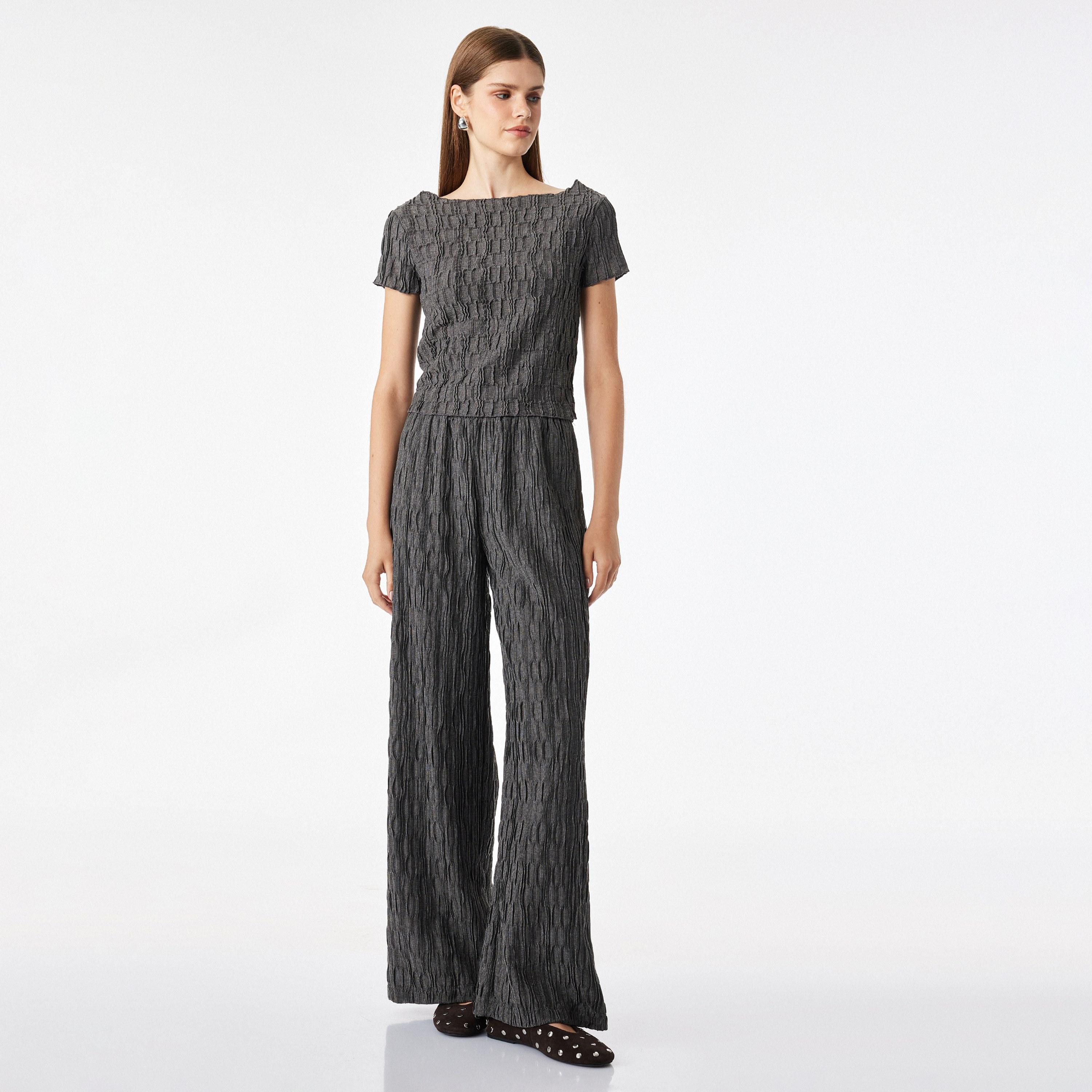 KOTON Crinkled Elasticated Wide Leg Women's Trousers-women-clothing-trousers-image-2