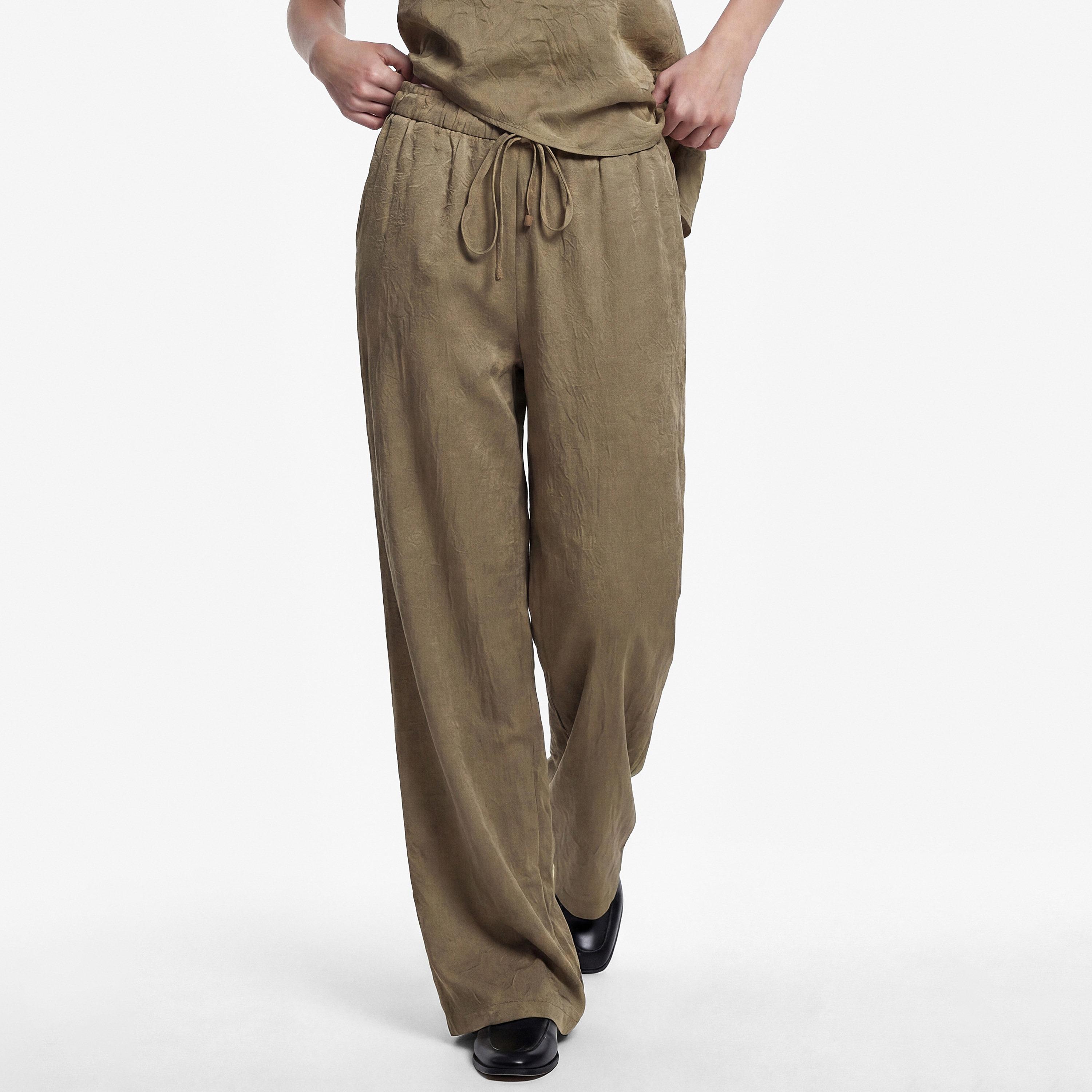 KOTON Green Crinkled Drawstring Waist Wide Leg Women's Trousers-women-clothing-trousers-image-1
