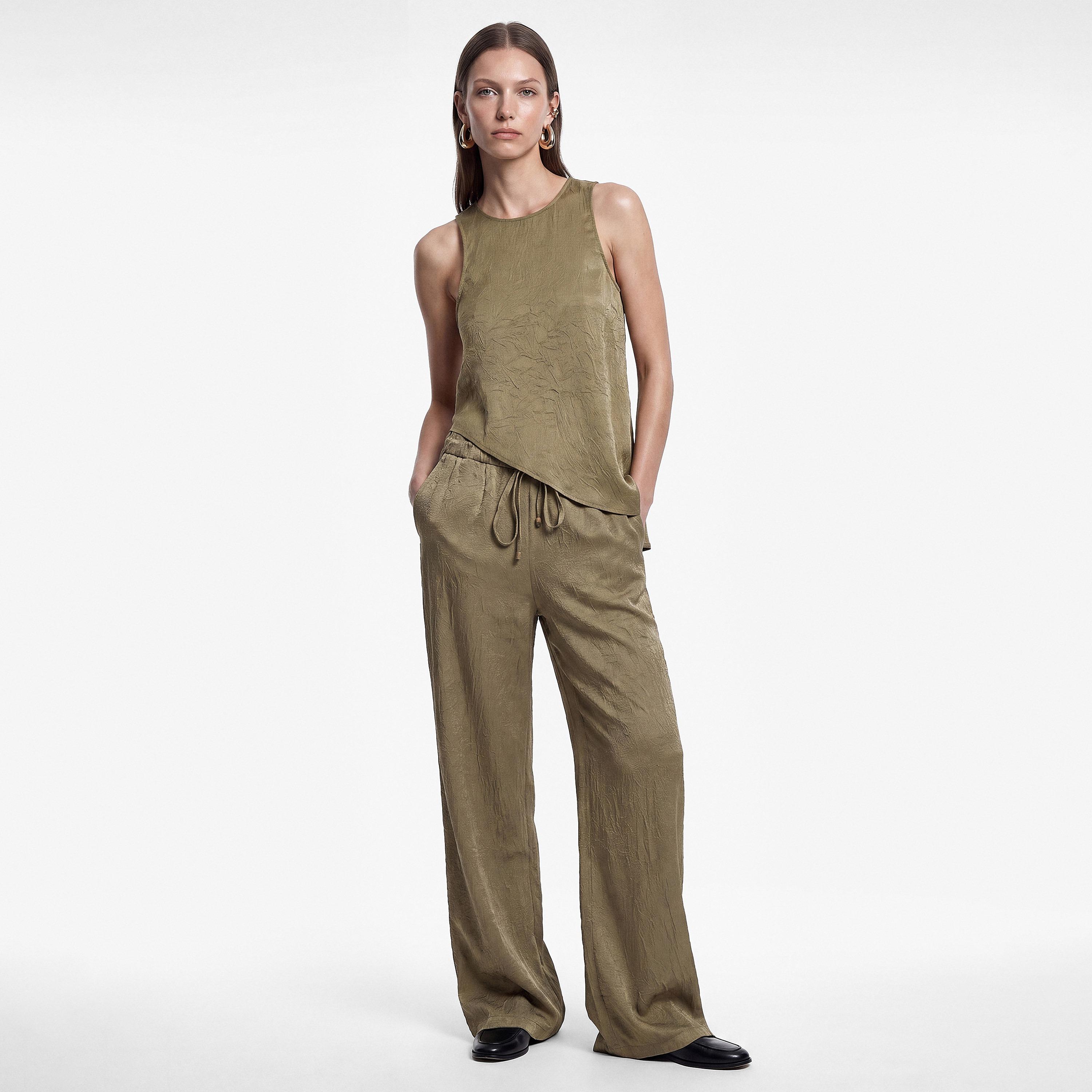 KOTON Green Crinkled Drawstring Waist Wide Leg Women's Trousers-women-clothing-trousers-image-2