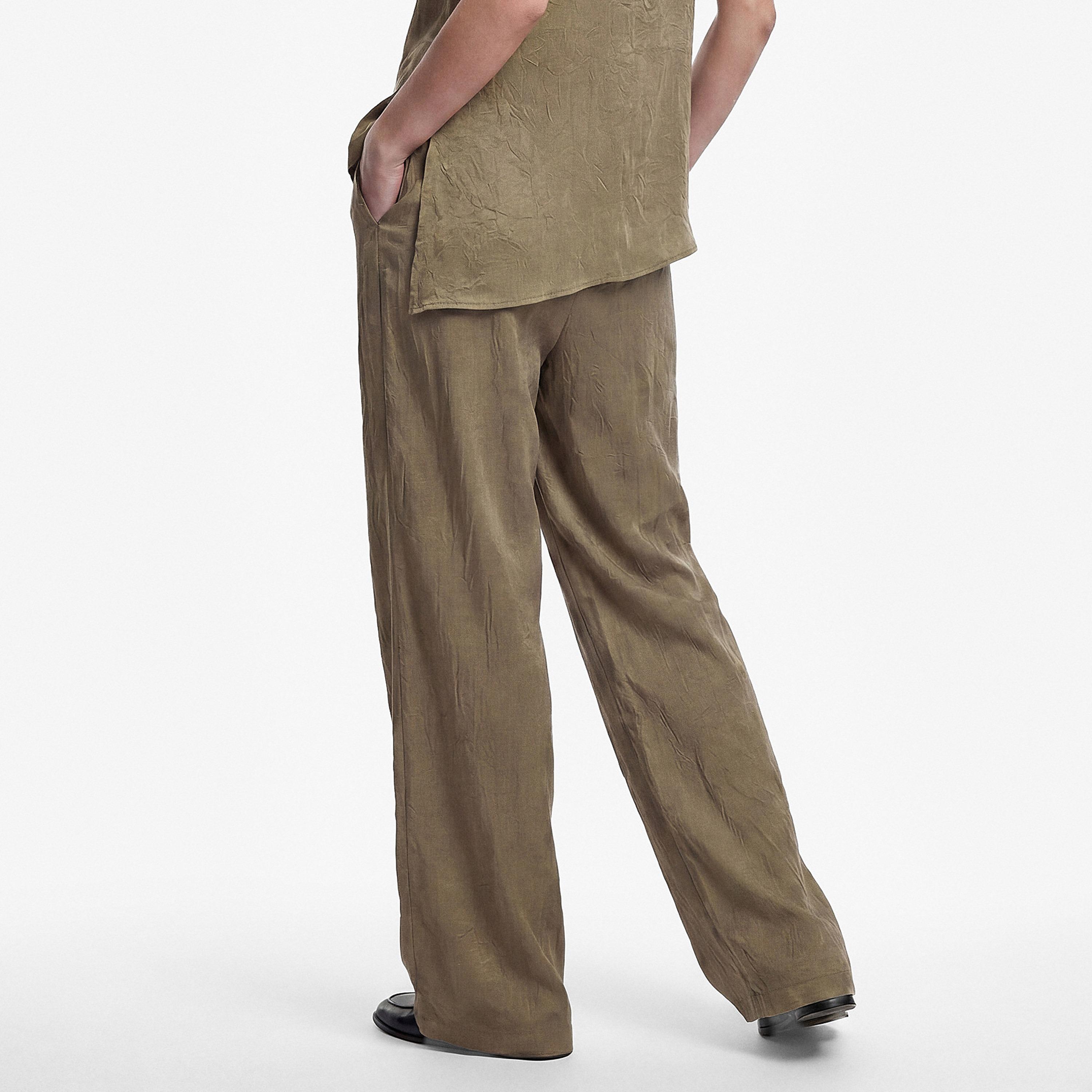 KOTON Green Crinkled Drawstring Waist Wide Leg Women's Trousers-women-clothing-trousers-image-3
