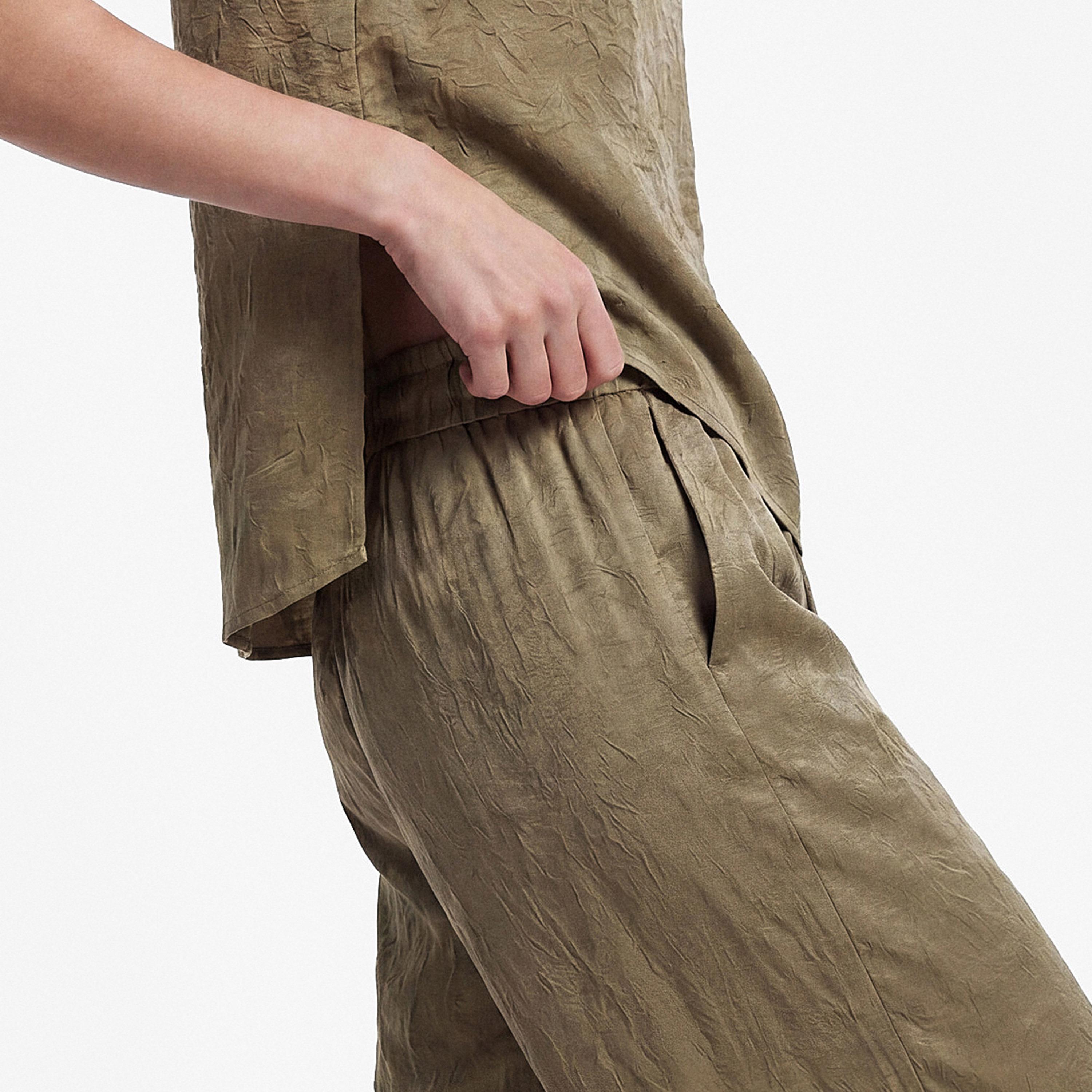 KOTON Green Crinkled Drawstring Waist Wide Leg Women's Trousers-women-clothing-trousers-image-4