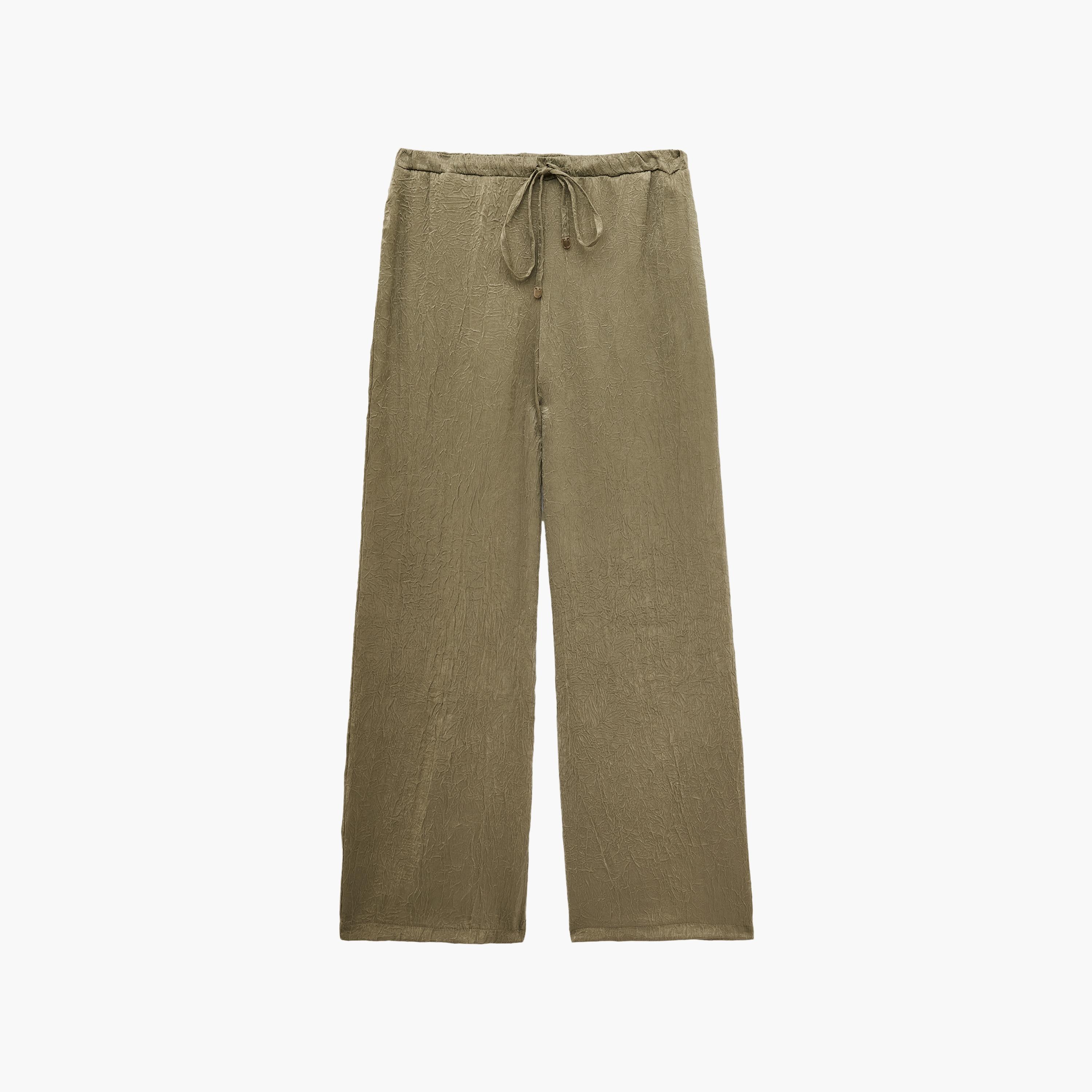 KOTON Green Crinkled Drawstring Waist Wide Leg Women's Trousers-women-clothing-trousers-image-5