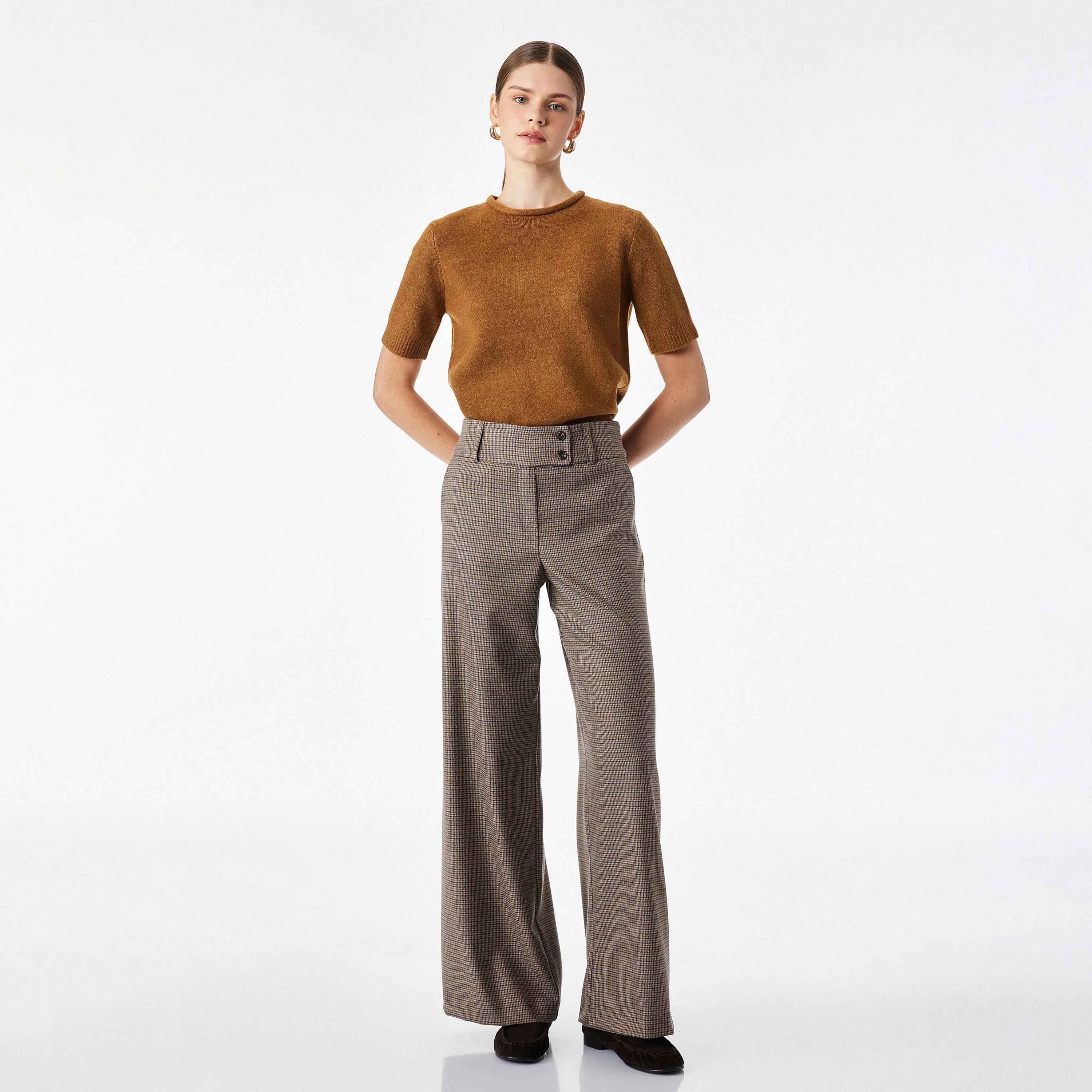 KOTON Brown Checked Wide Leg Women's Trousers-women-clothing-trousers-image-2