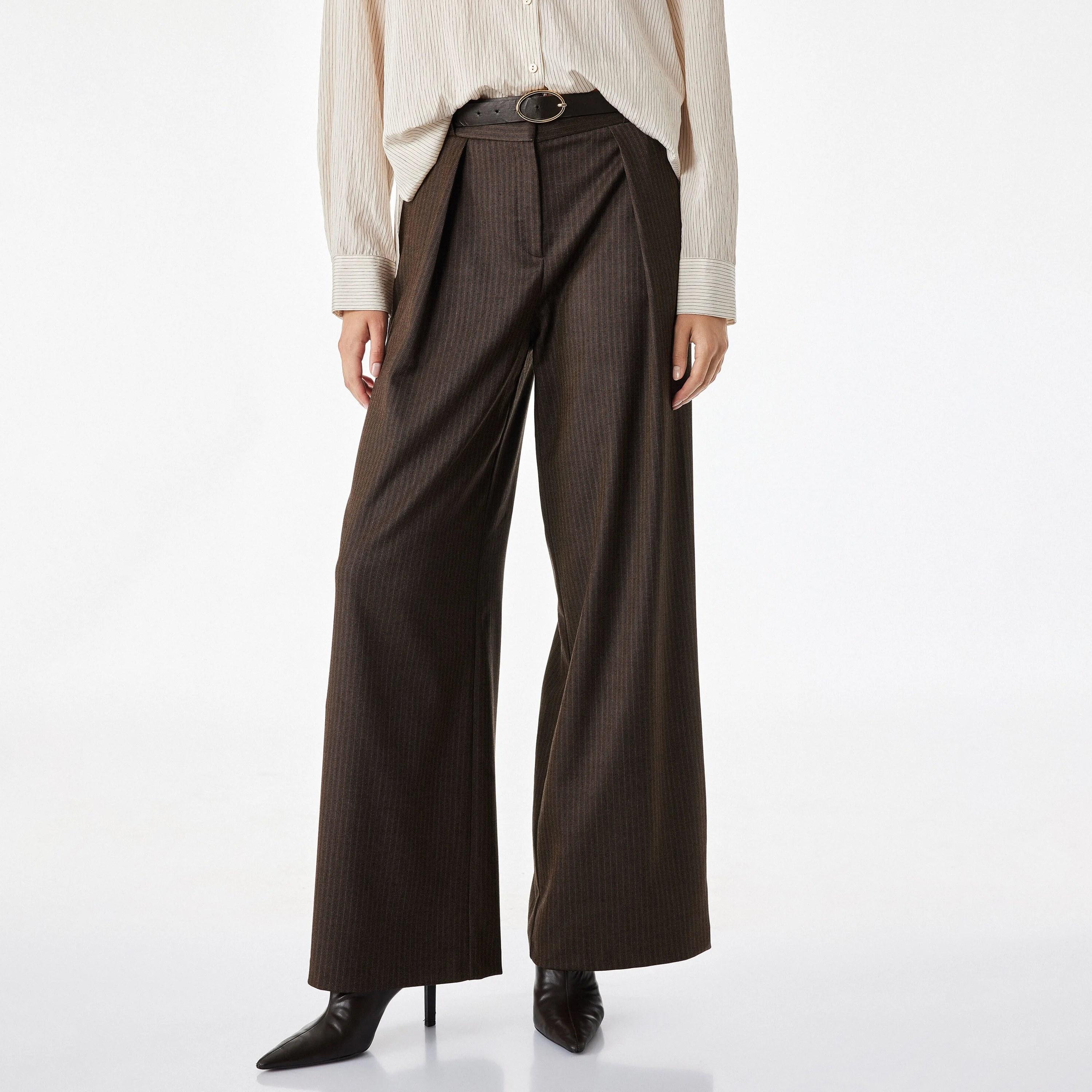 KOTON Brown Striped Wide Leg Women's Trousers-women-clothing-trousers-image-1