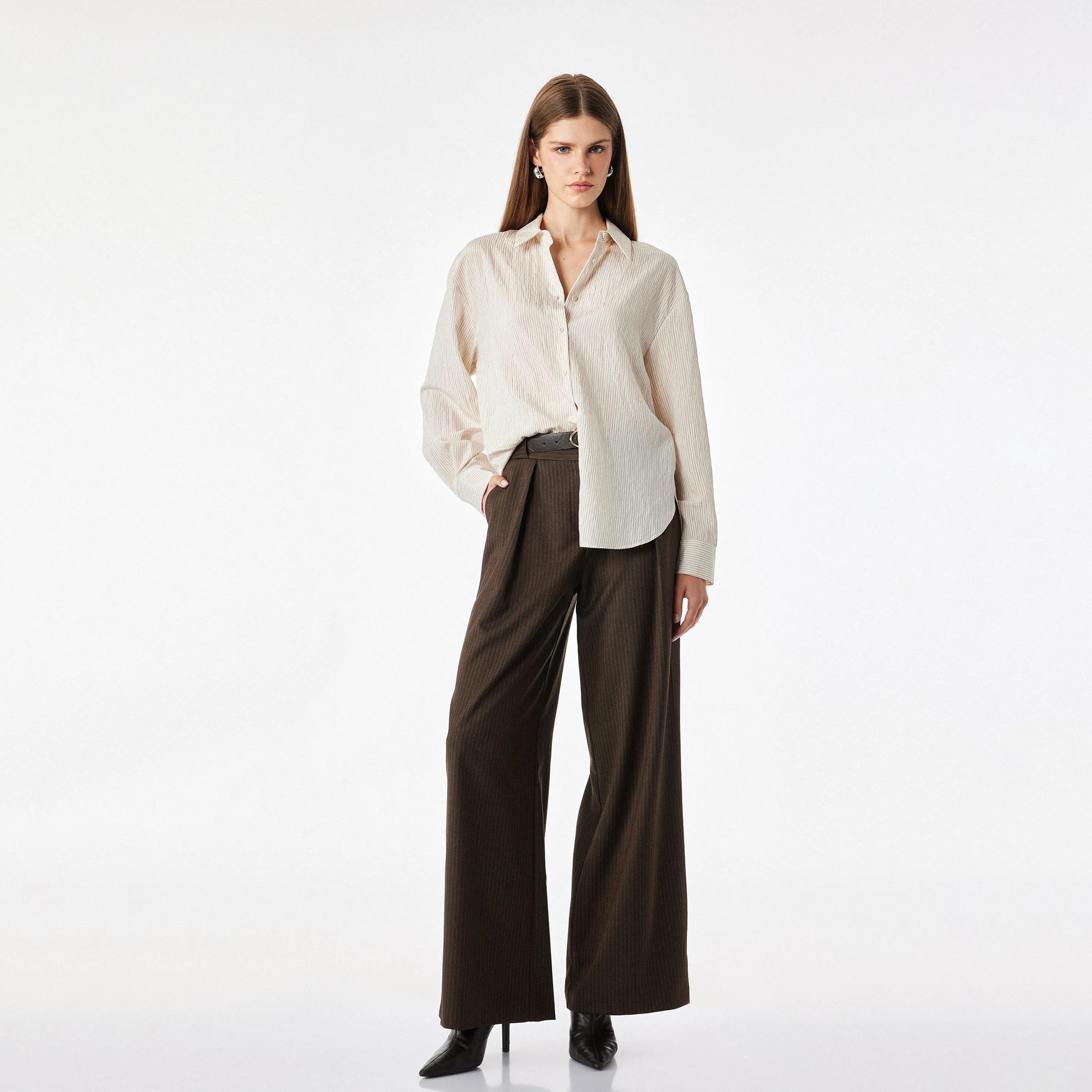 KOTON Brown Striped Wide Leg Women's Trousers-women-clothing-trousers-image-2