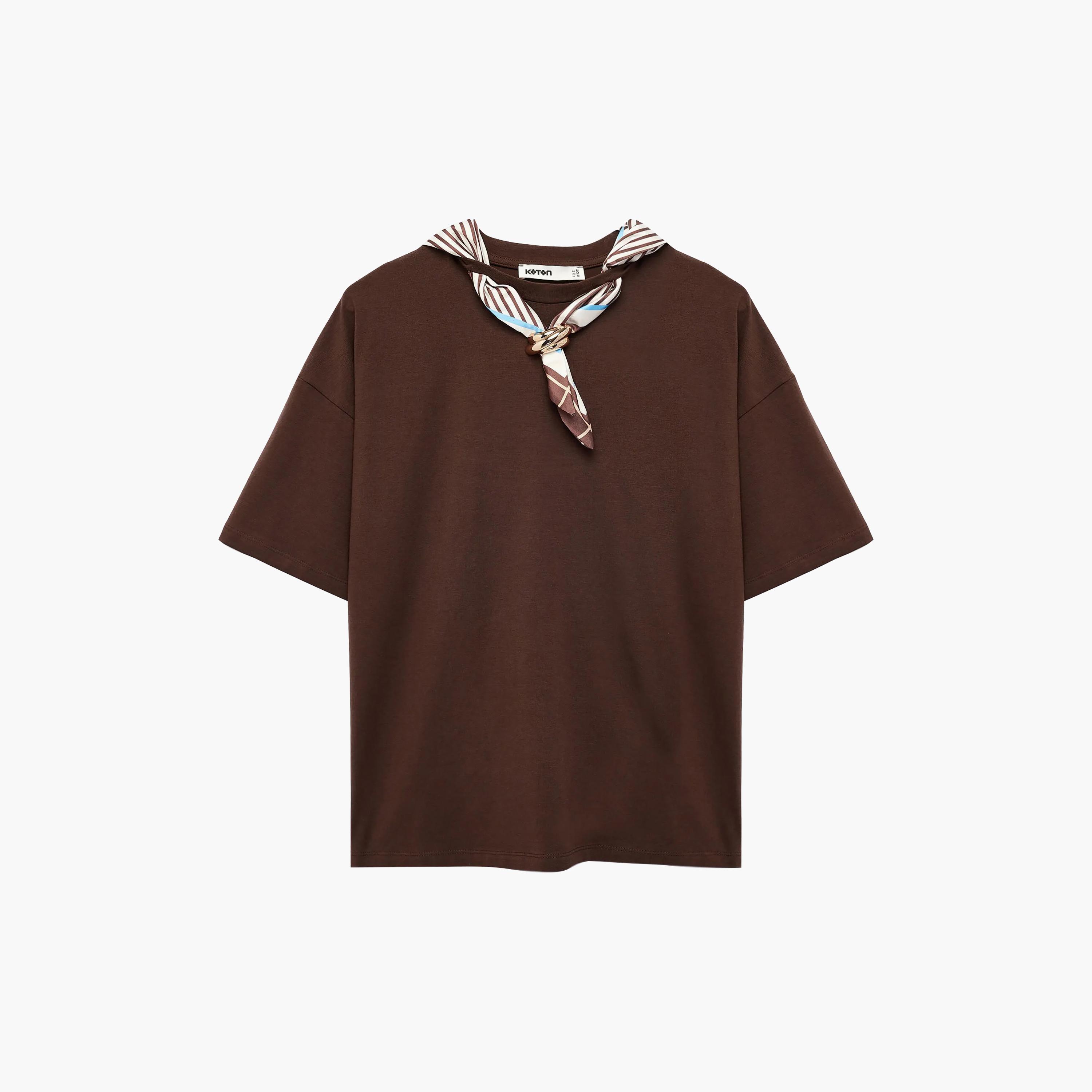 KOTON Brown Crew Neck Dropped Sleeves Women's T-Shirt-women-clothing-tshirts-image-1