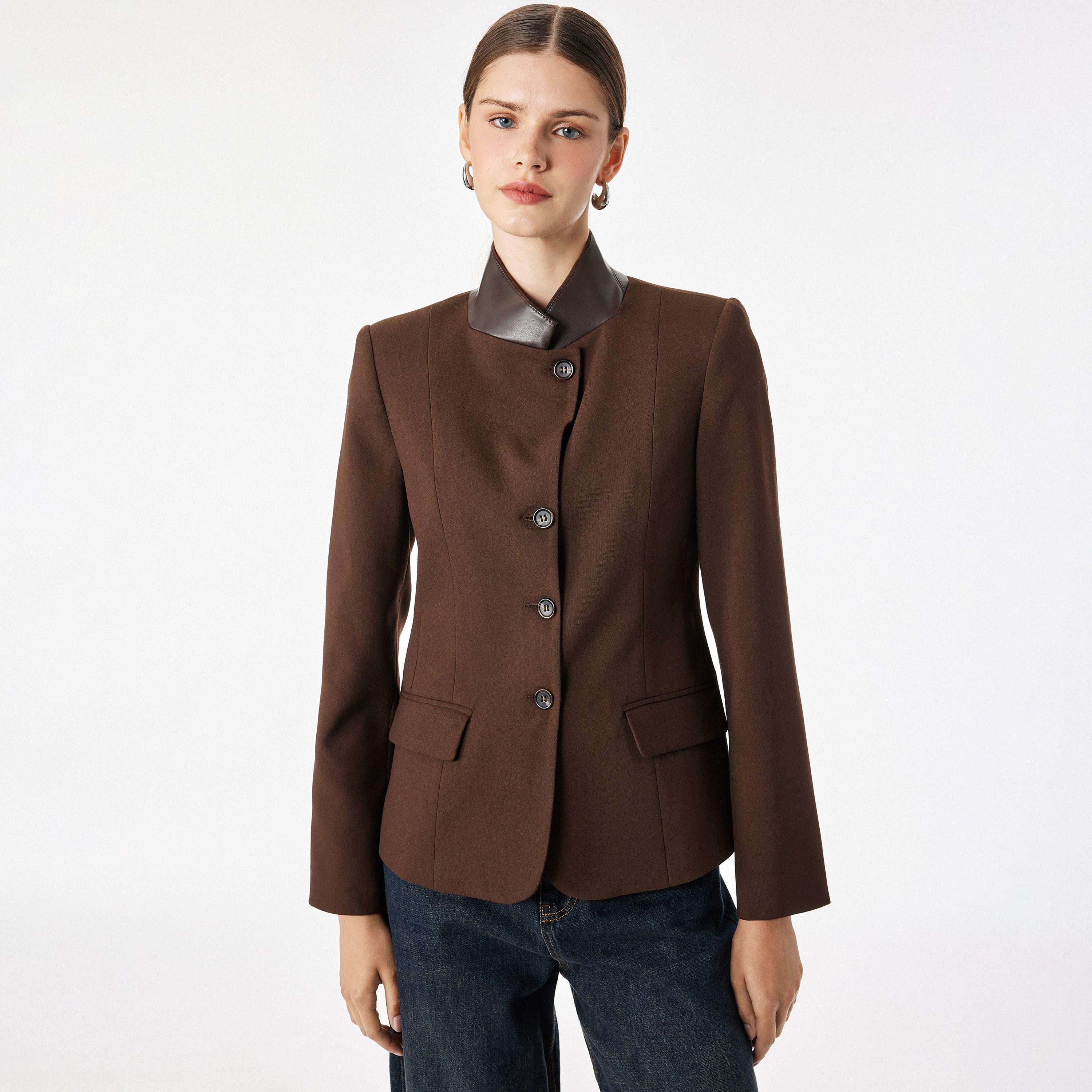 جاكيت حريمي بياقة قائمة باللون البني من كوتون-women-winterwear-coatsandjackets-jackets-image-1