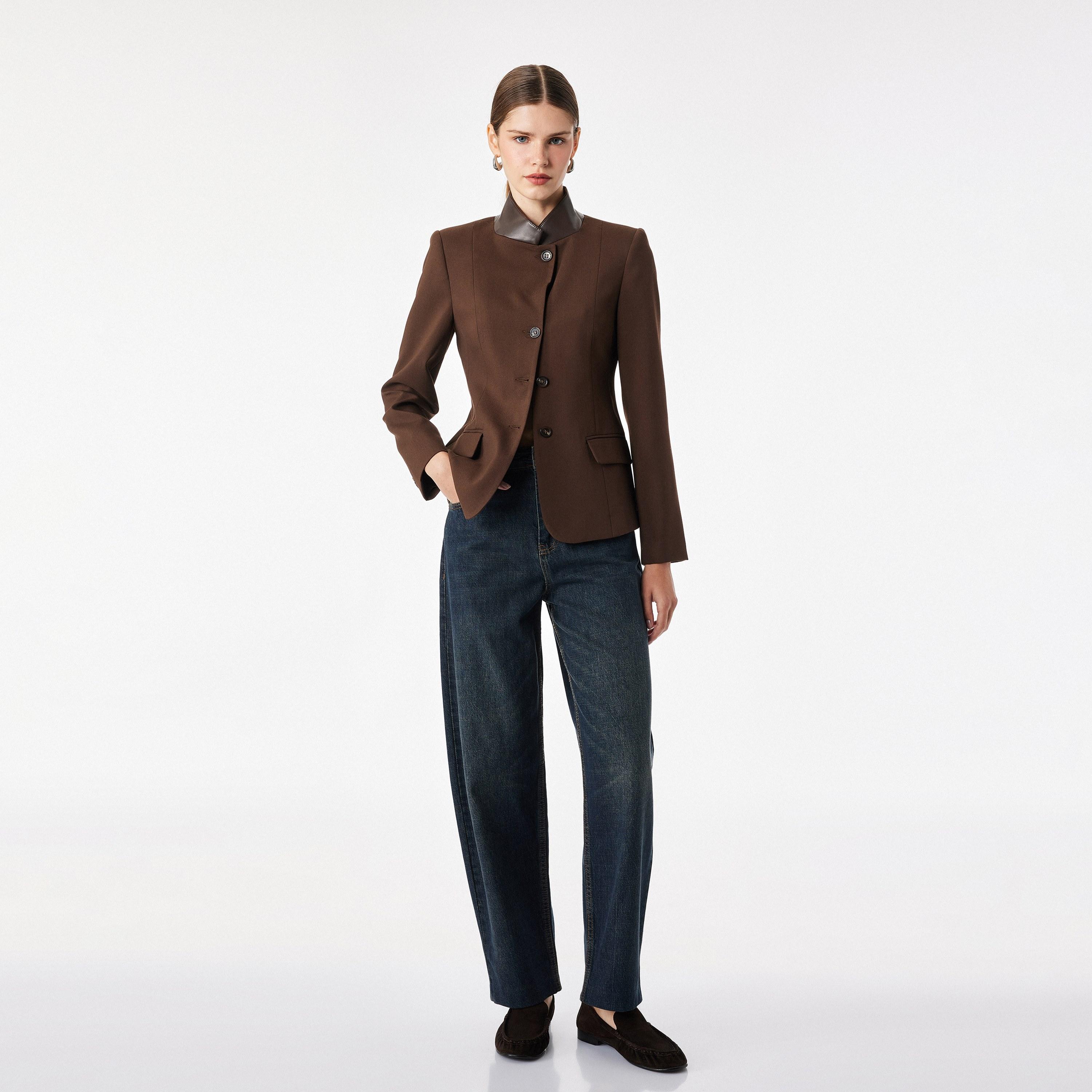جاكيت حريمي بياقة قائمة باللون البني من كوتون-women-winterwear-coatsandjackets-jackets-image-2