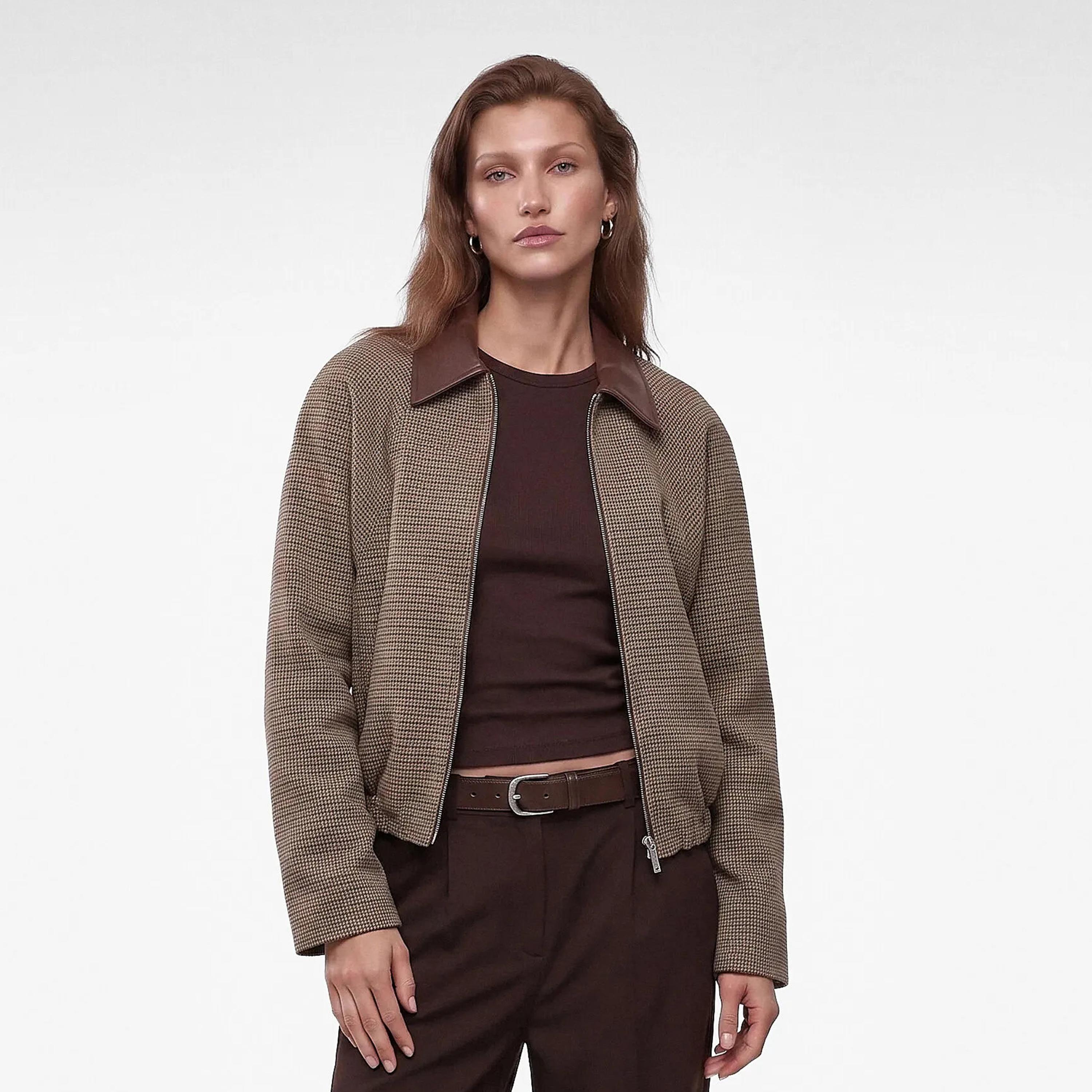 KOTON Brown Checked Collared Women's Bomber Jacket-women-winterwear-coatsandjackets-jackets-image-1