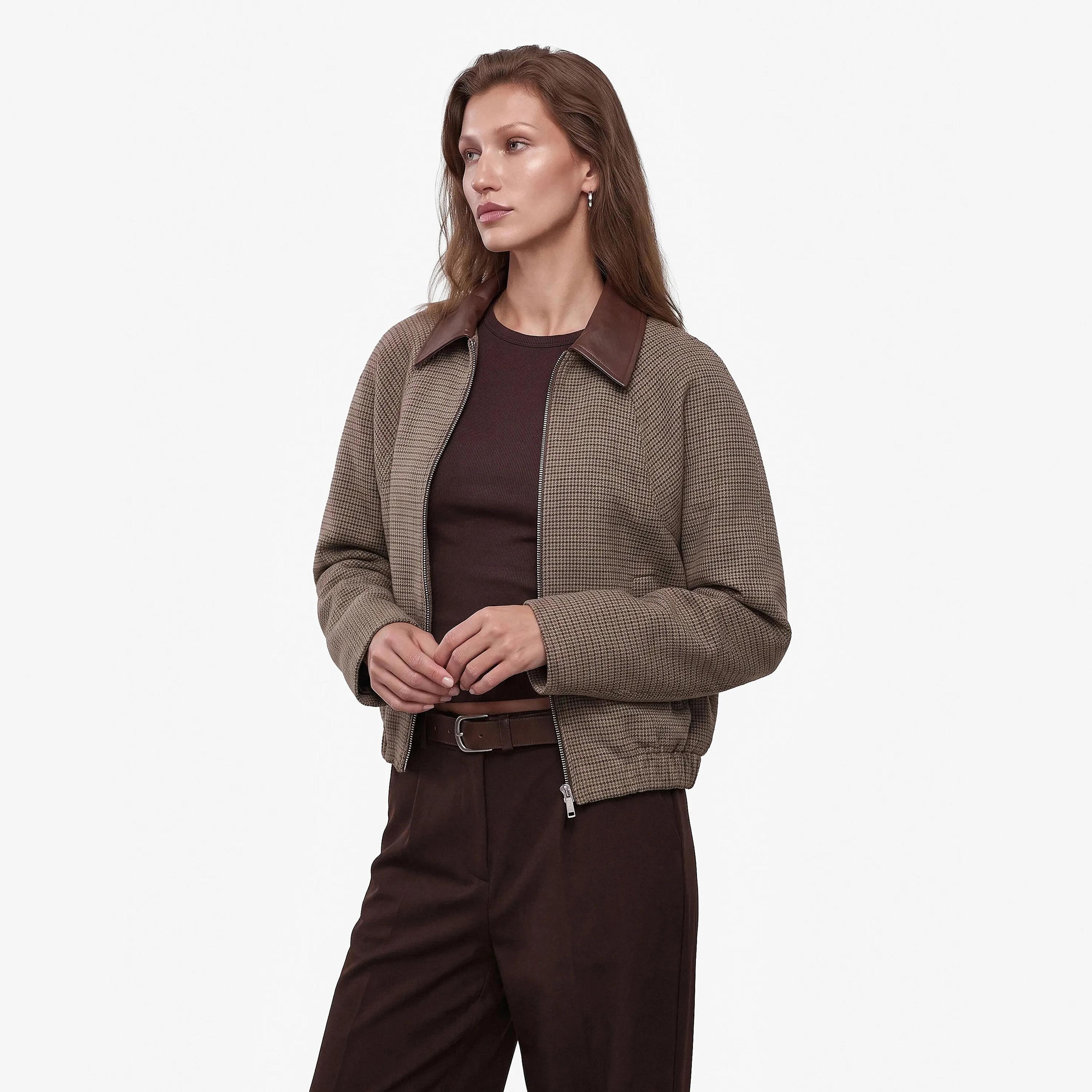 KOTON Brown Checked Collared Women's Bomber Jacket-women-winterwear-coatsandjackets-jackets-image-3