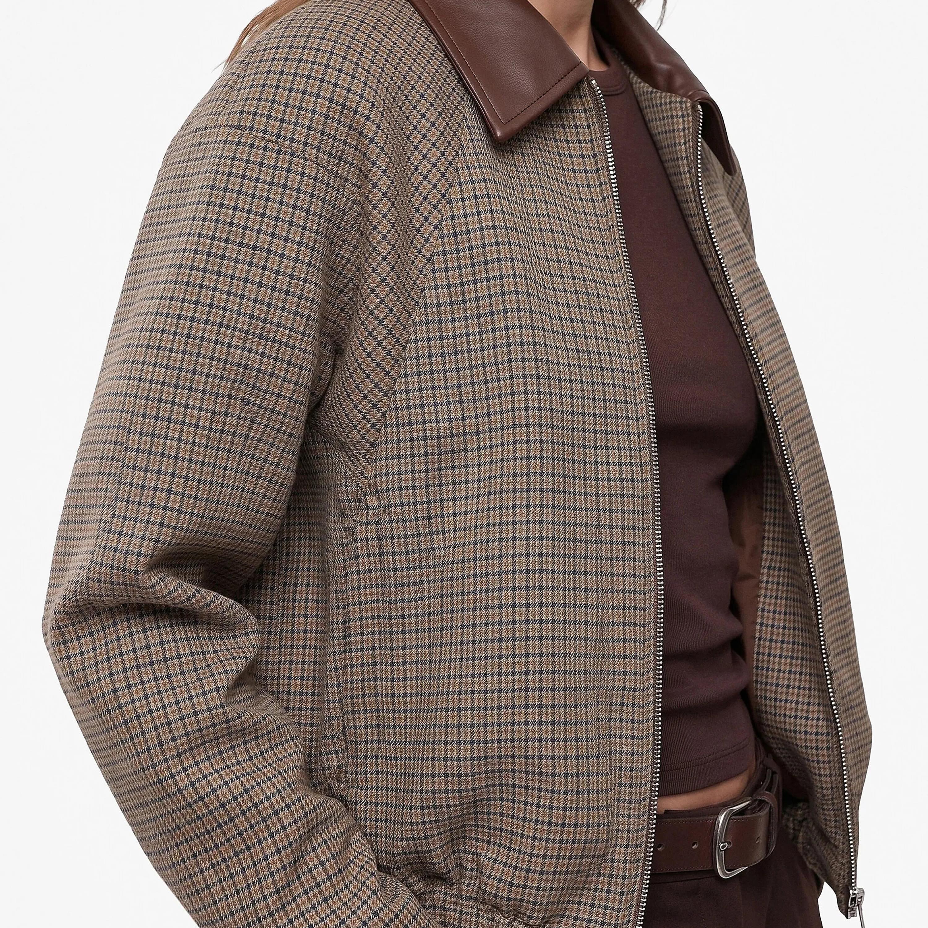 KOTON Brown Checked Collared Women's Bomber Jacket-women-winterwear-coatsandjackets-jackets-image-5