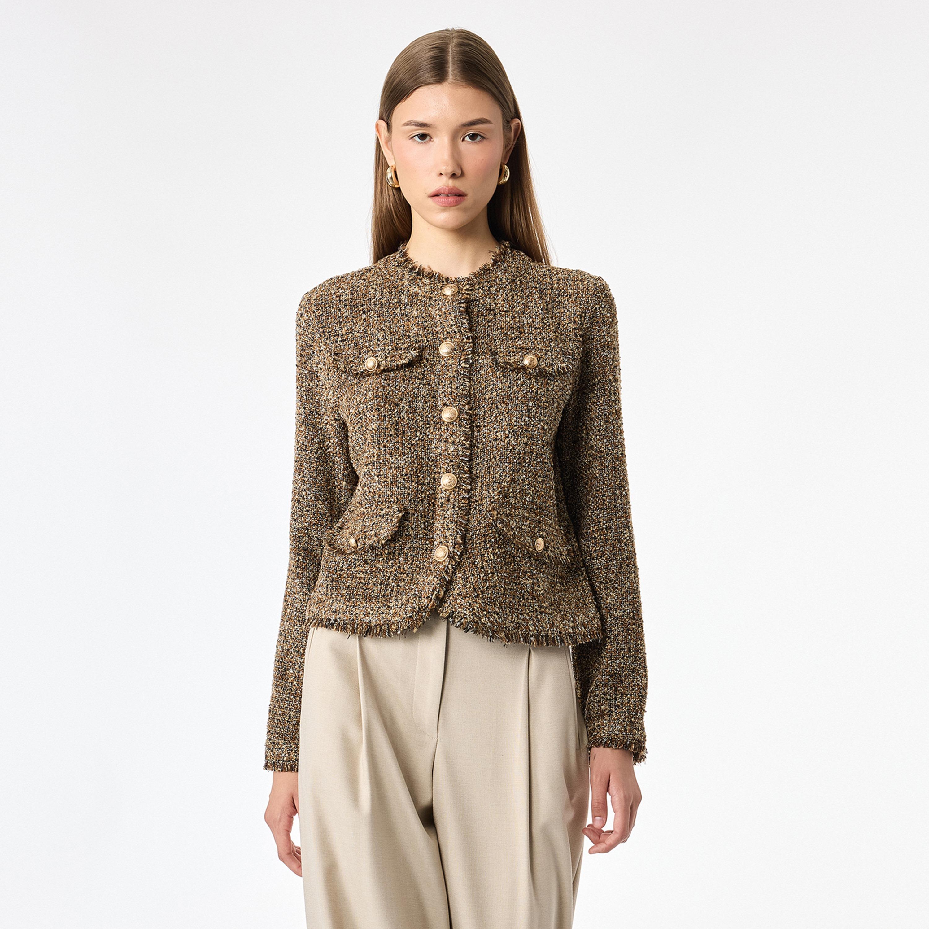 جاكيت حريمي تويد بدون ياقة باللون البني من كوتون-women-winterwear-coatsandjackets-jackets-image-1