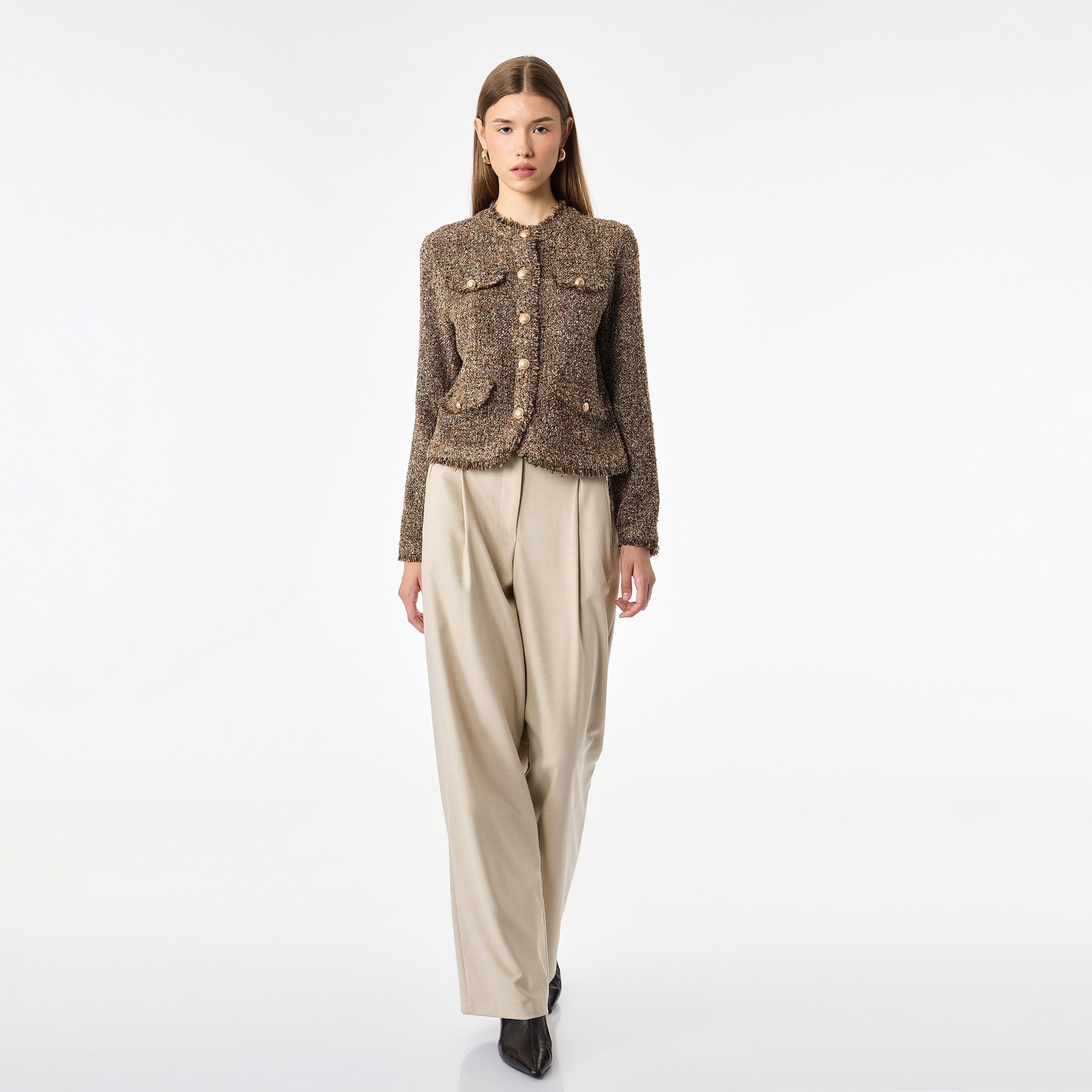 جاكيت حريمي تويد بدون ياقة باللون البني من كوتون-women-winterwear-coatsandjackets-jackets-image-2