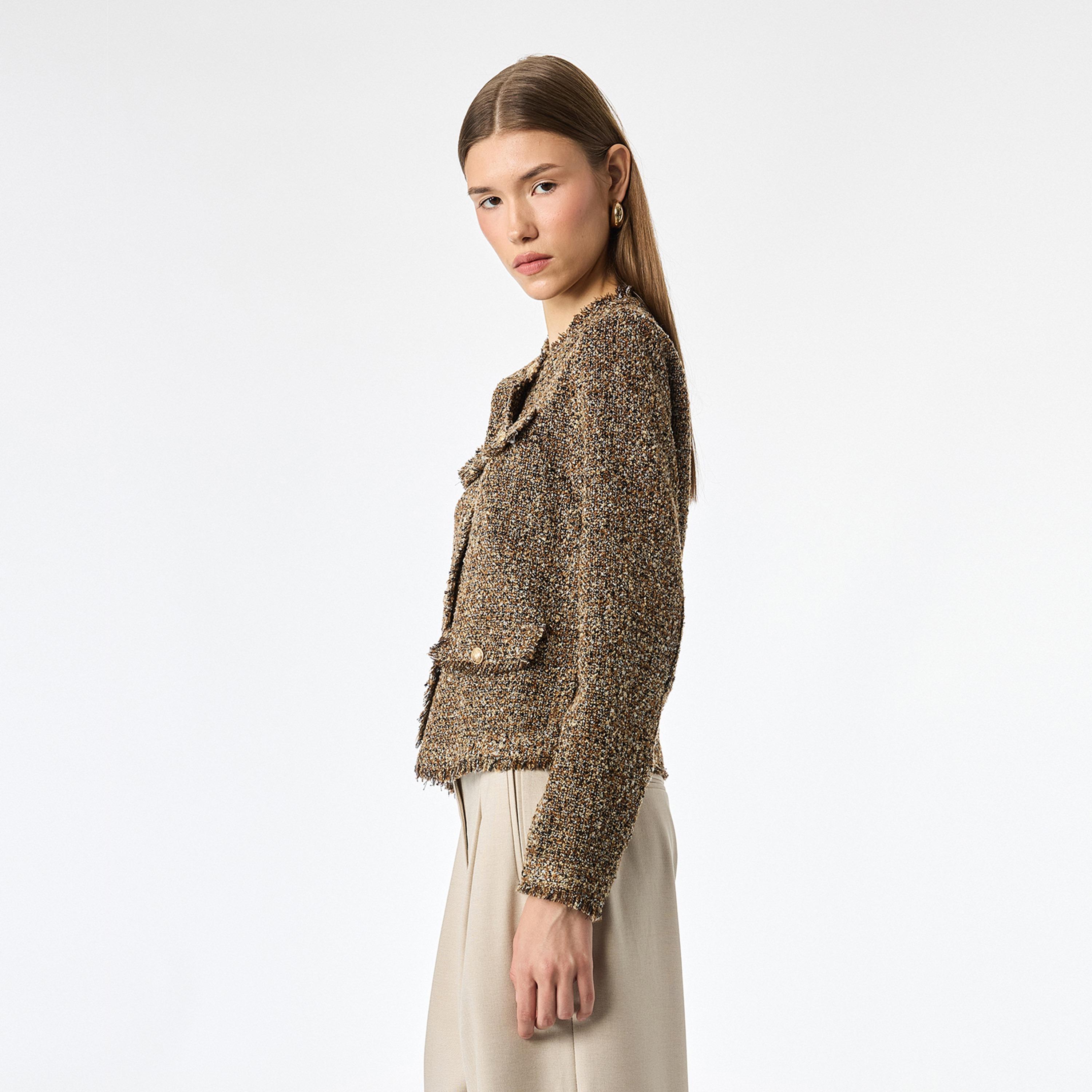 جاكيت حريمي تويد بدون ياقة باللون البني من كوتون-women-winterwear-coatsandjackets-jackets-image-5