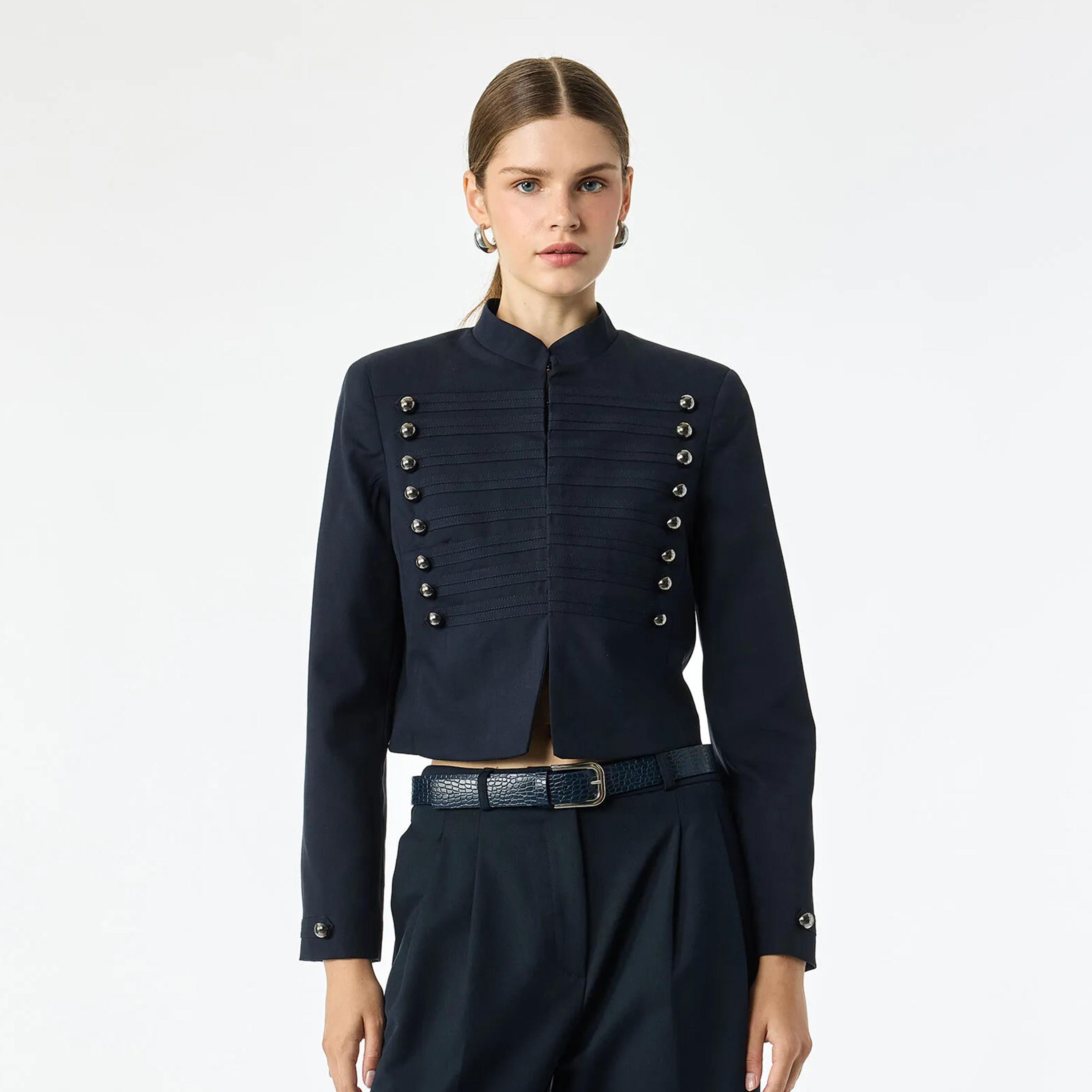 KOTON Navy Mandarin Collar Women's Jacket-women-winterwear-coatsandjackets-jackets-image-1