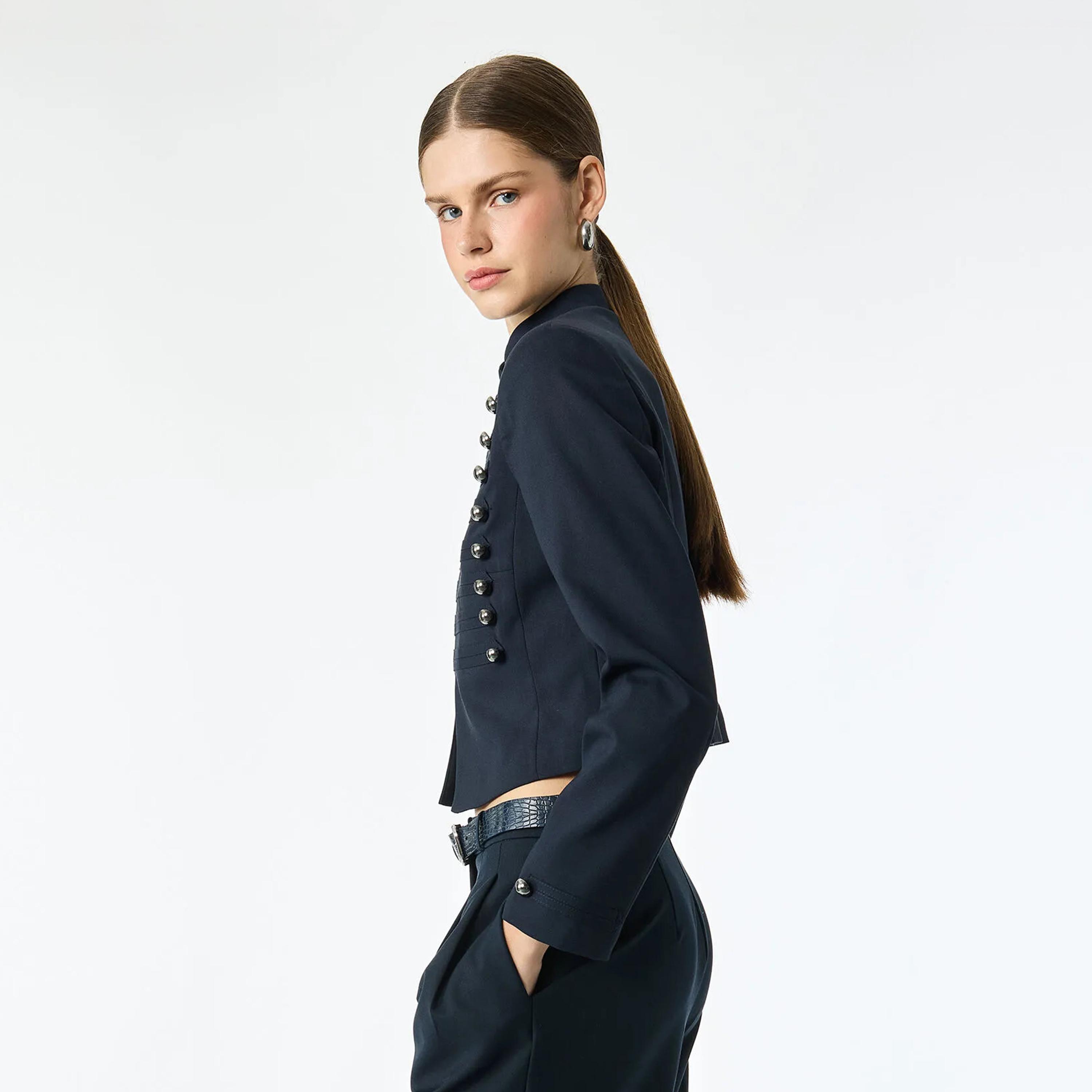 KOTON Navy Mandarin Collar Women's Jacket-women-winterwear-coatsandjackets-jackets-image-5
