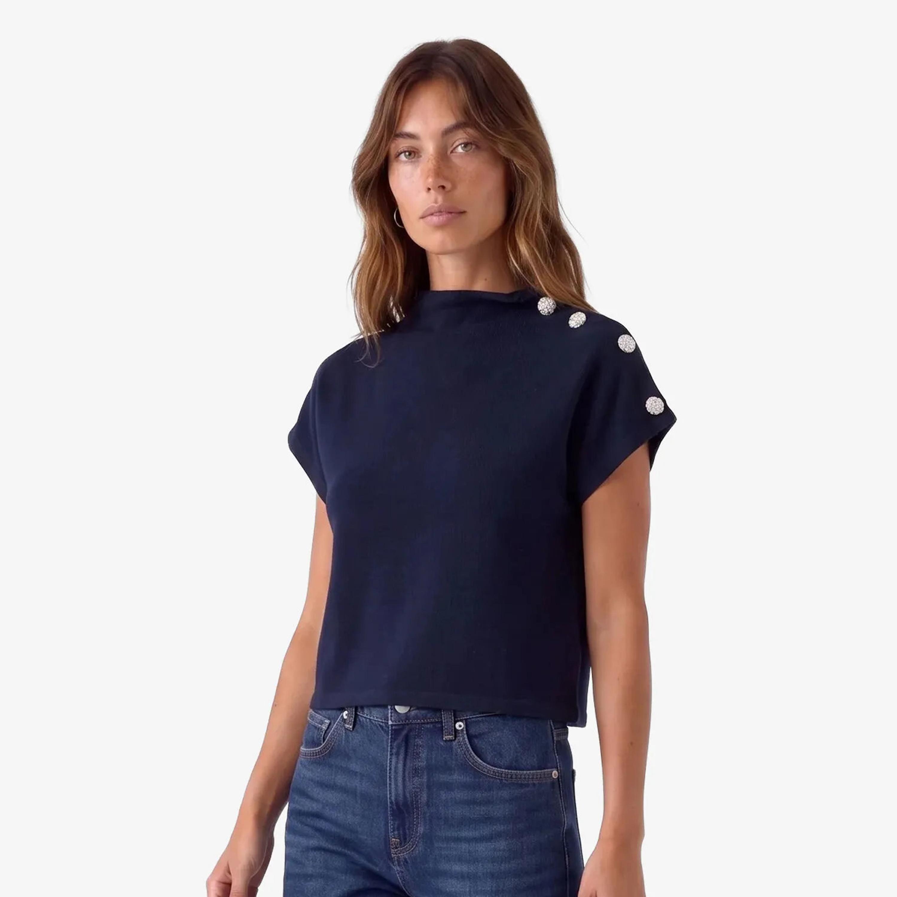 KOTON Navy Cotton High Neck Women's Top-women-clothing-shirtsandblouses-blouses-image-1