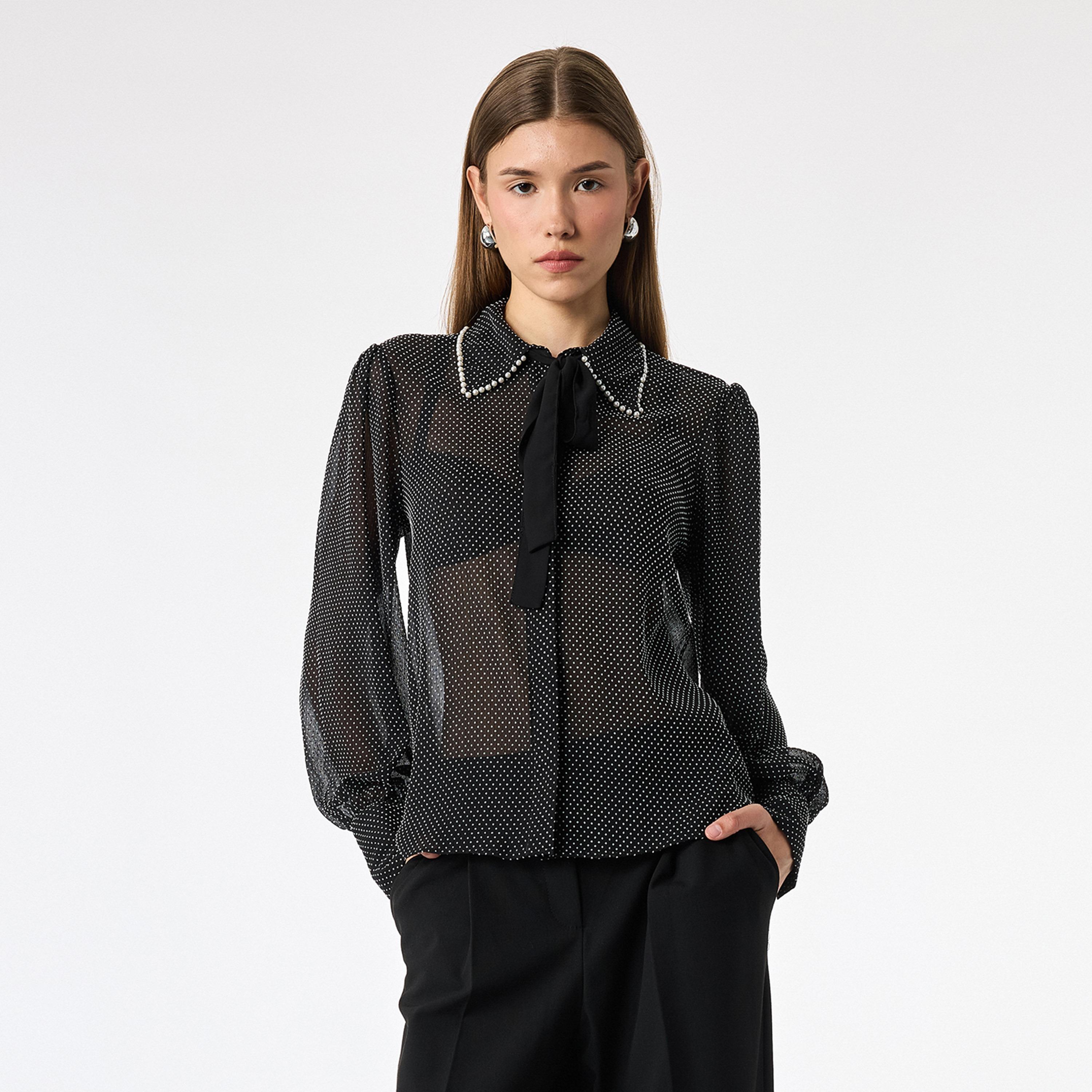 KOTON Black Polka Dot Collared Bishop Sleeves Women's Shirt-women-clothing-shirtsandblouses-shirts-image-1
