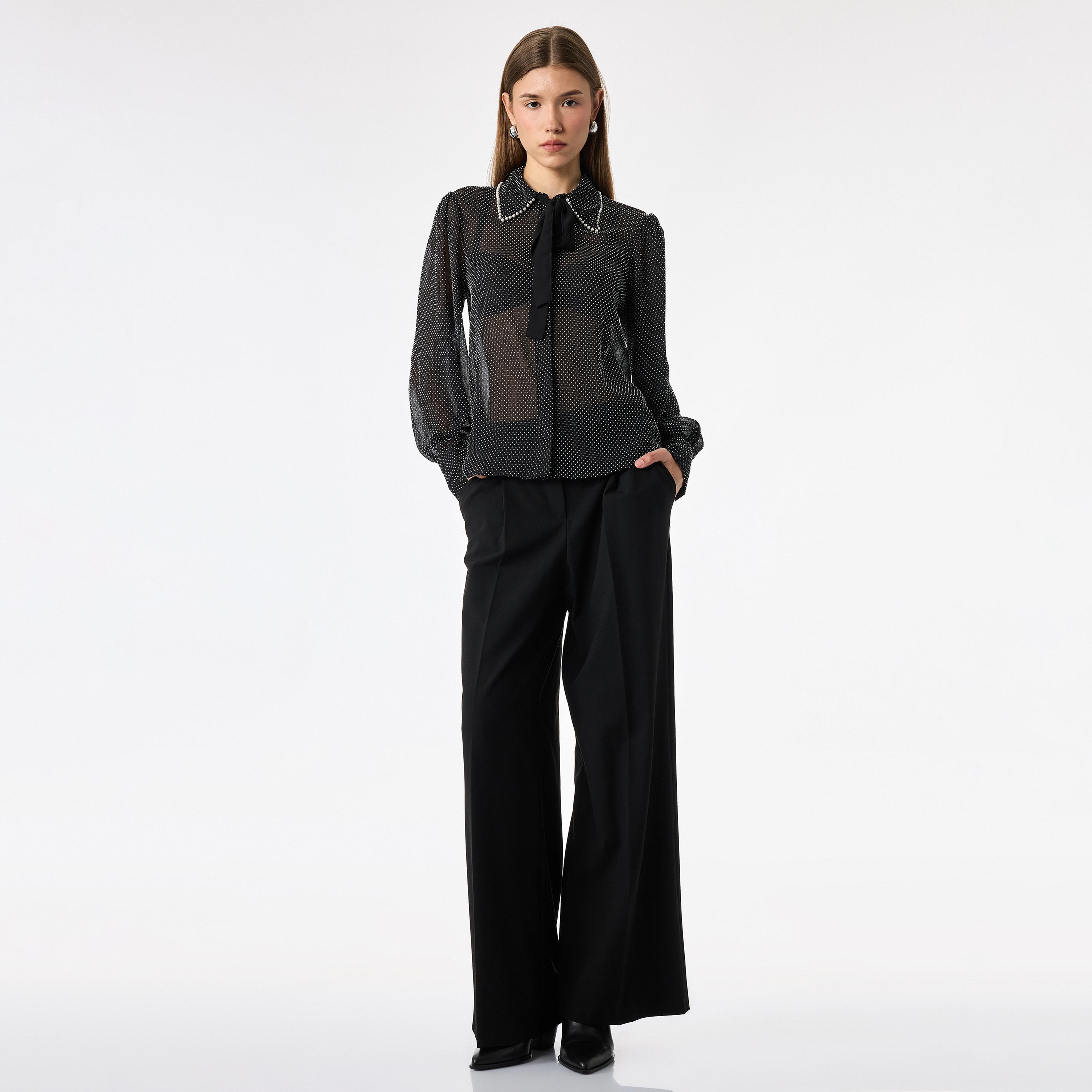 KOTON Black Polka Dot Collared Bishop Sleeves Women's Shirt-women-clothing-shirtsandblouses-shirts-image-2