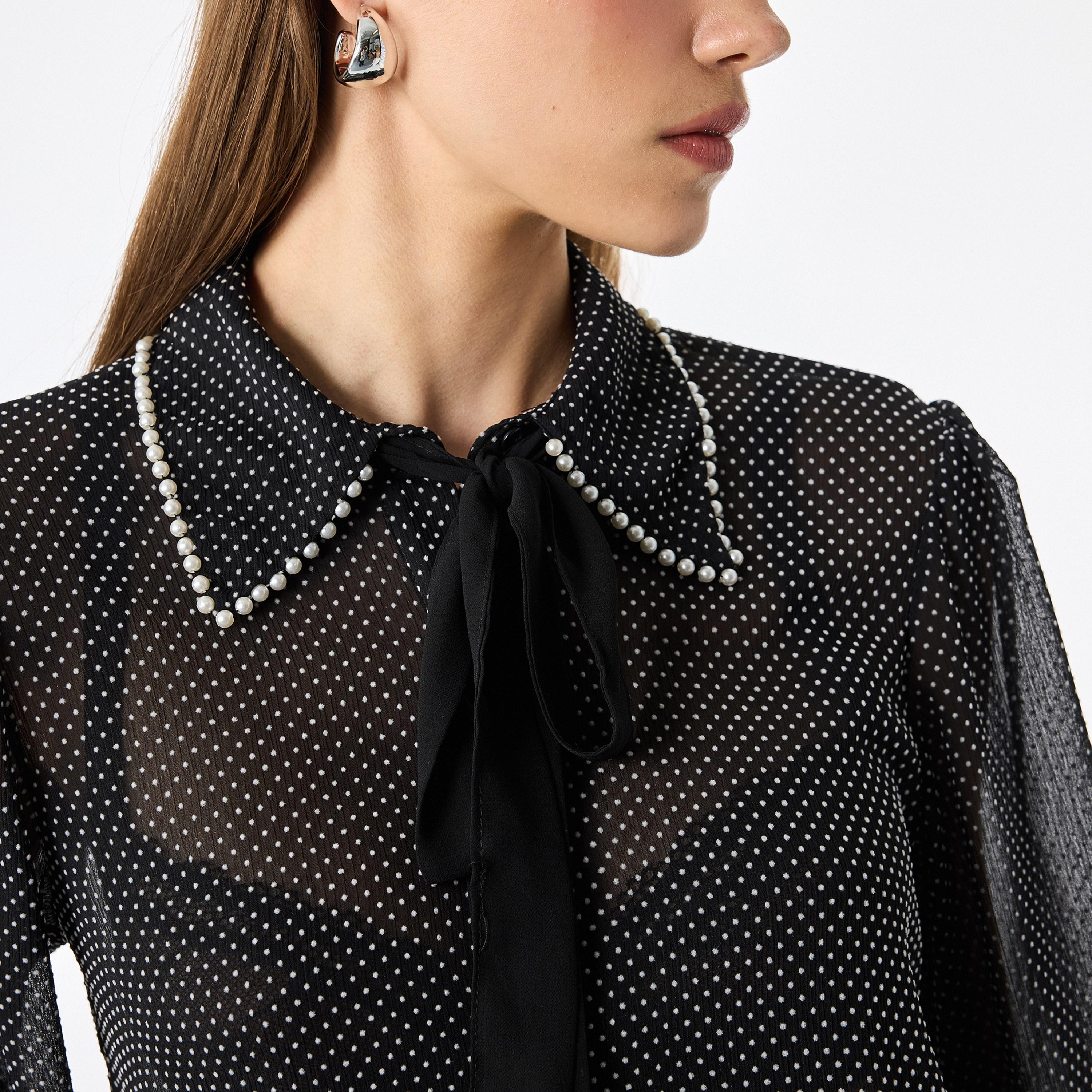 KOTON Black Polka Dot Collared Bishop Sleeves Women's Shirt-women-clothing-shirtsandblouses-shirts-image-4