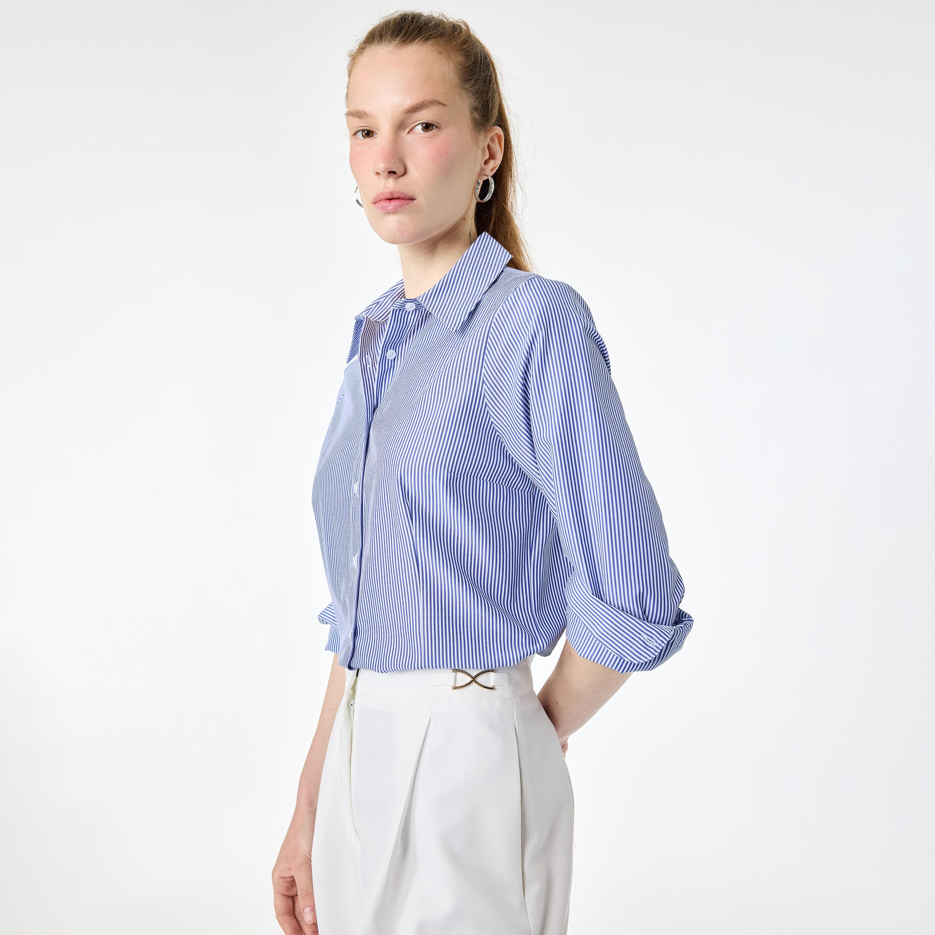 KOTON Blue Striped Pointed Collar Women's Shirt-women-clothing-shirtsandblouses-shirts-image-1