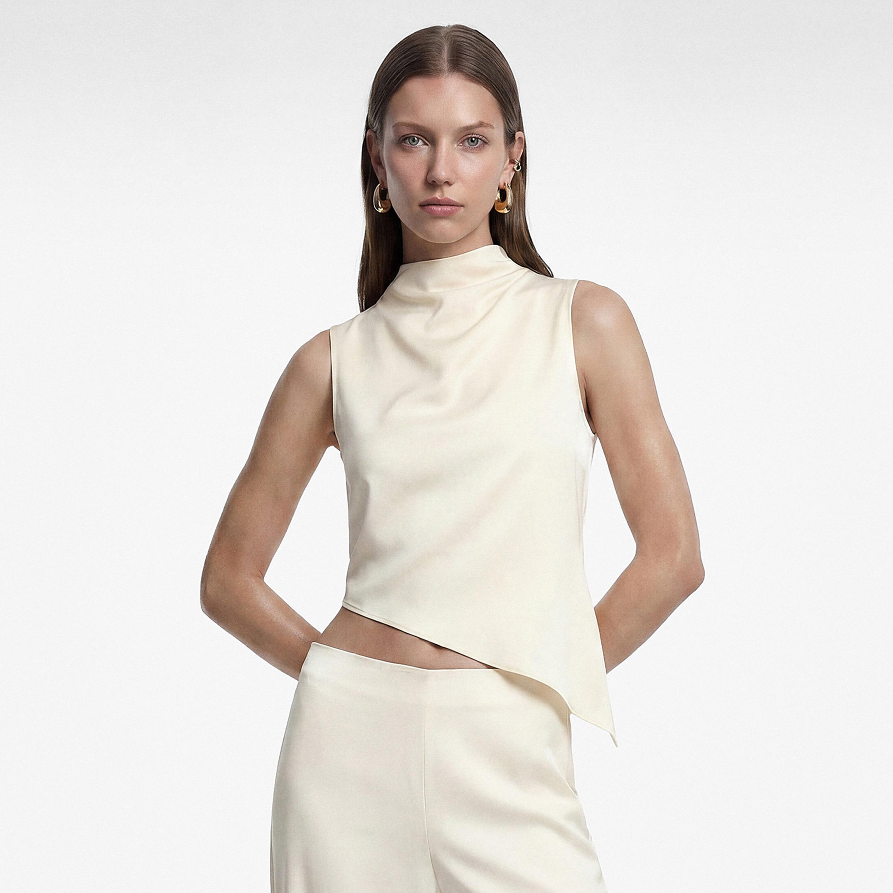 بلوزة حريمي غير متماثلة الطول باللون الكريمه من كوتون-women-clothing-shirtsandblouses-blouses-image-1