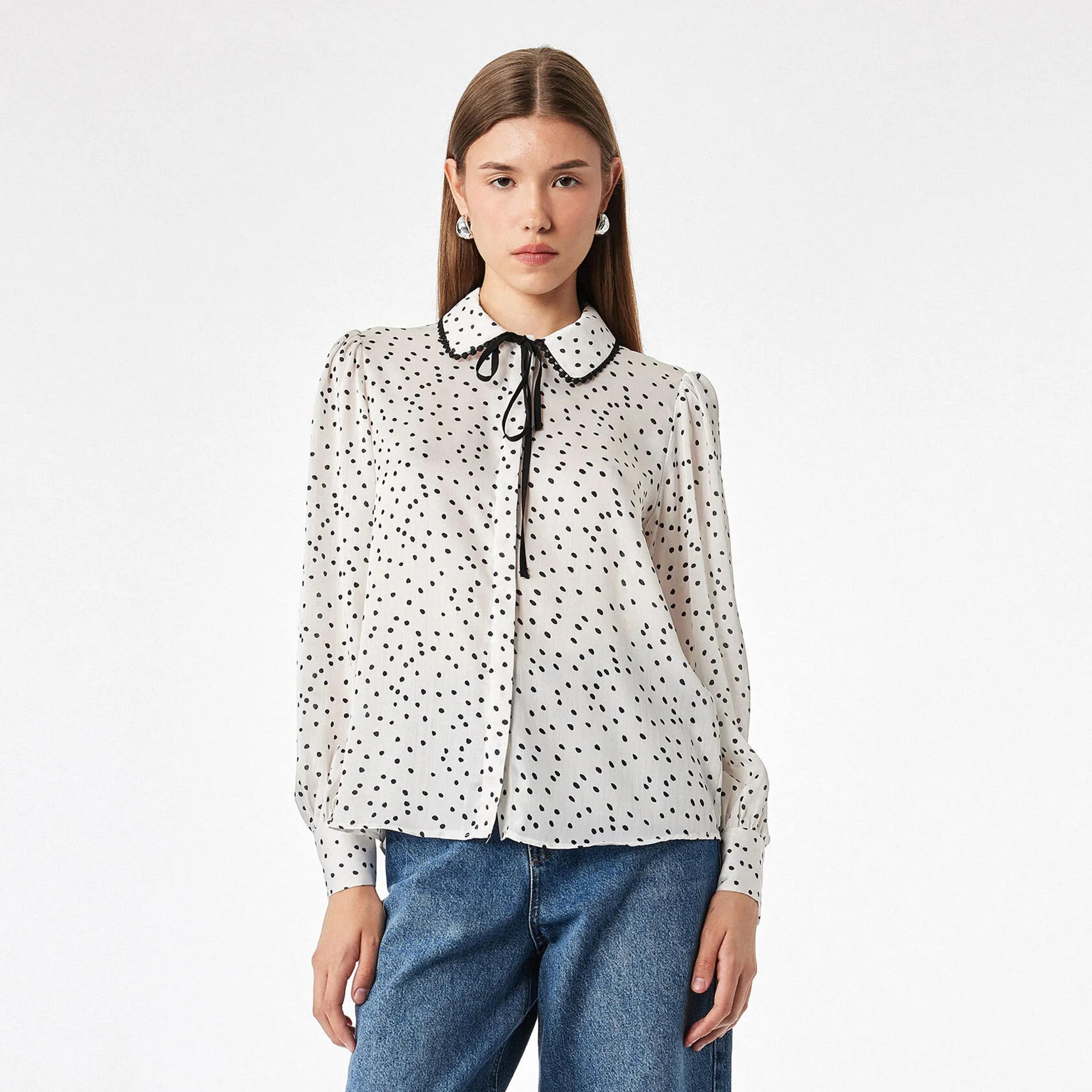 KOTON White Polka Dot Collared Puff Sleeves Women's Top-women-clothing-plussize-shirtsandblouses-blouses-image-1