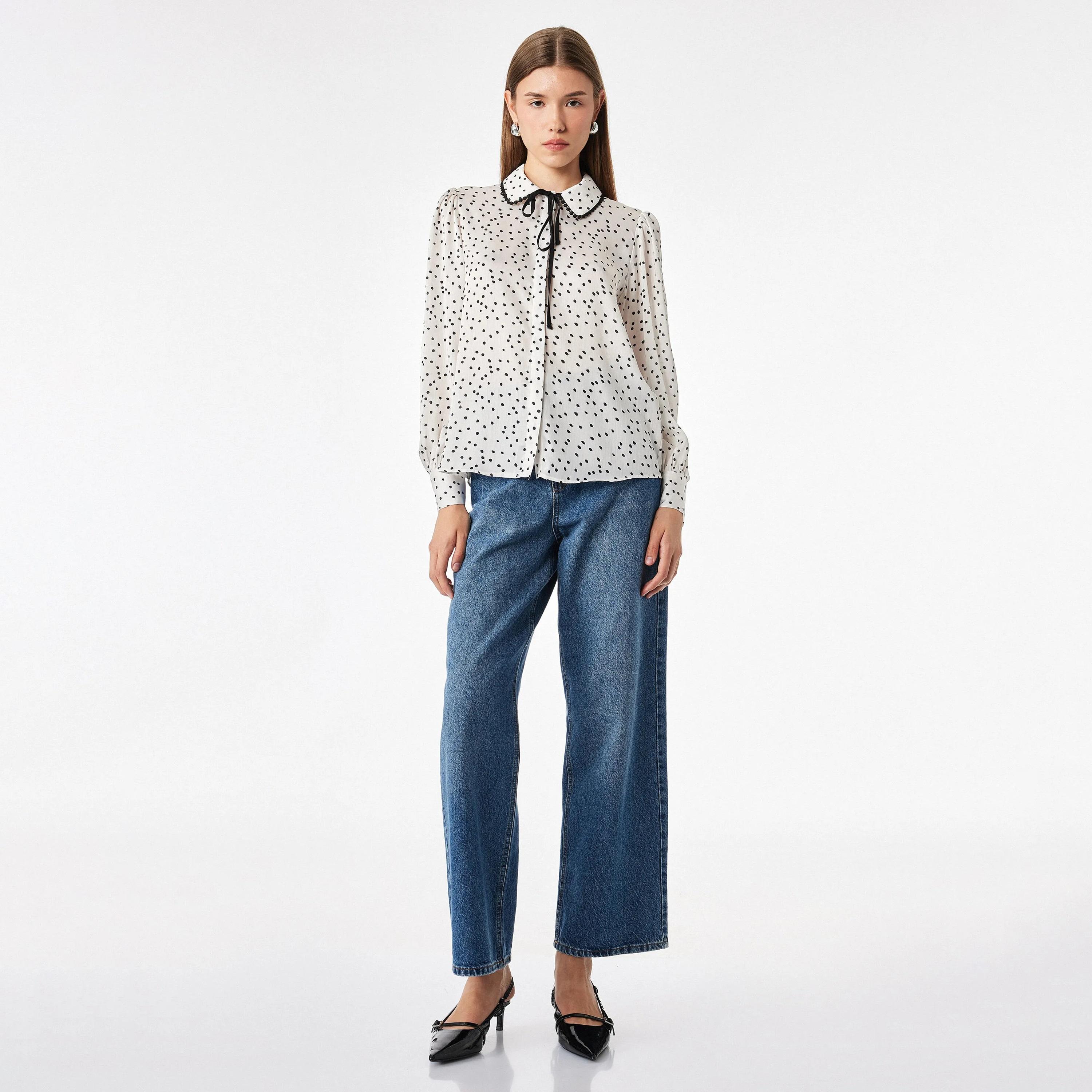 KOTON White Polka Dot Collared Puff Sleeves Women's Top-women-clothing-plussize-shirtsandblouses-blouses-image-2