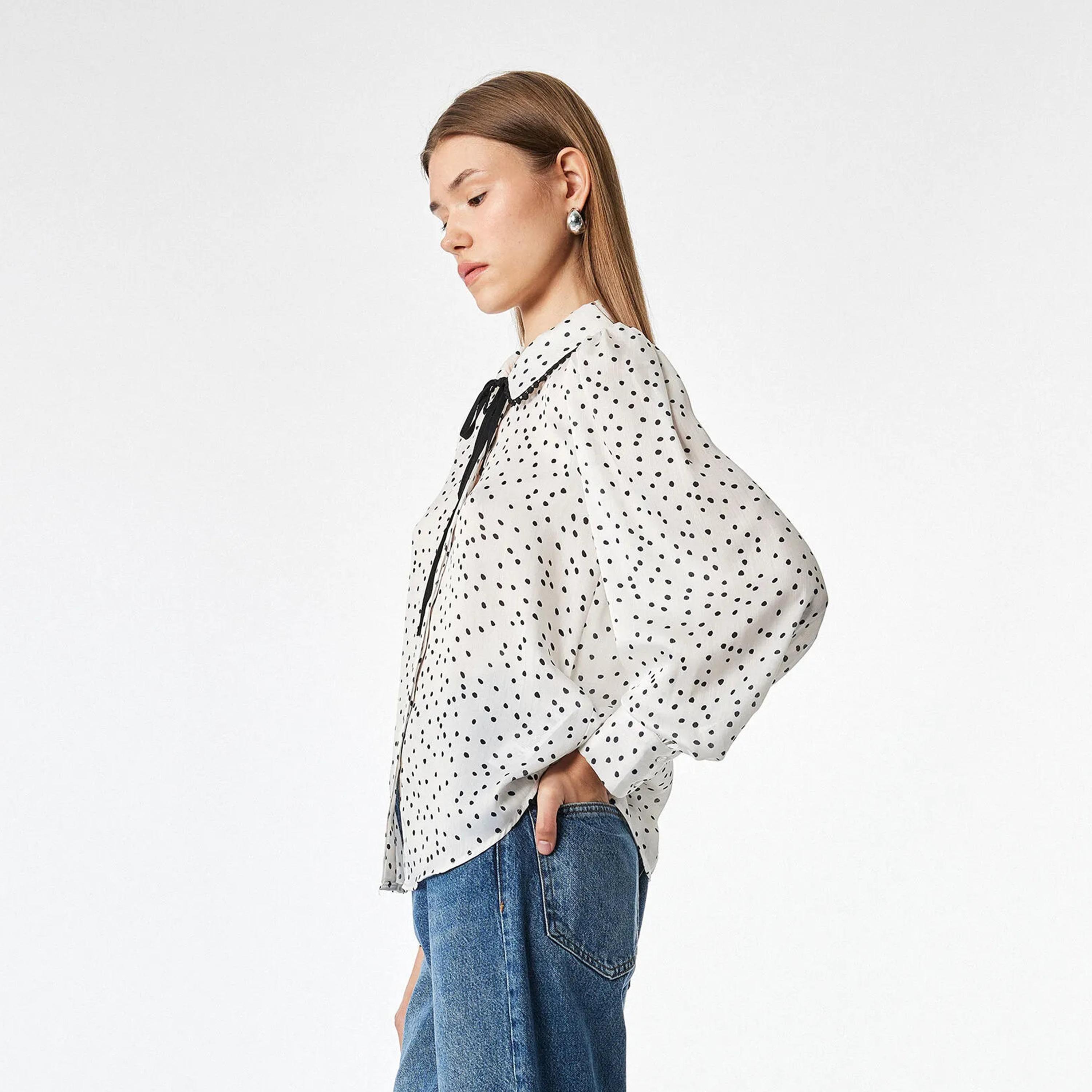 KOTON White Polka Dot Collared Puff Sleeves Women's Top-women-clothing-plussize-shirtsandblouses-blouses-image-3