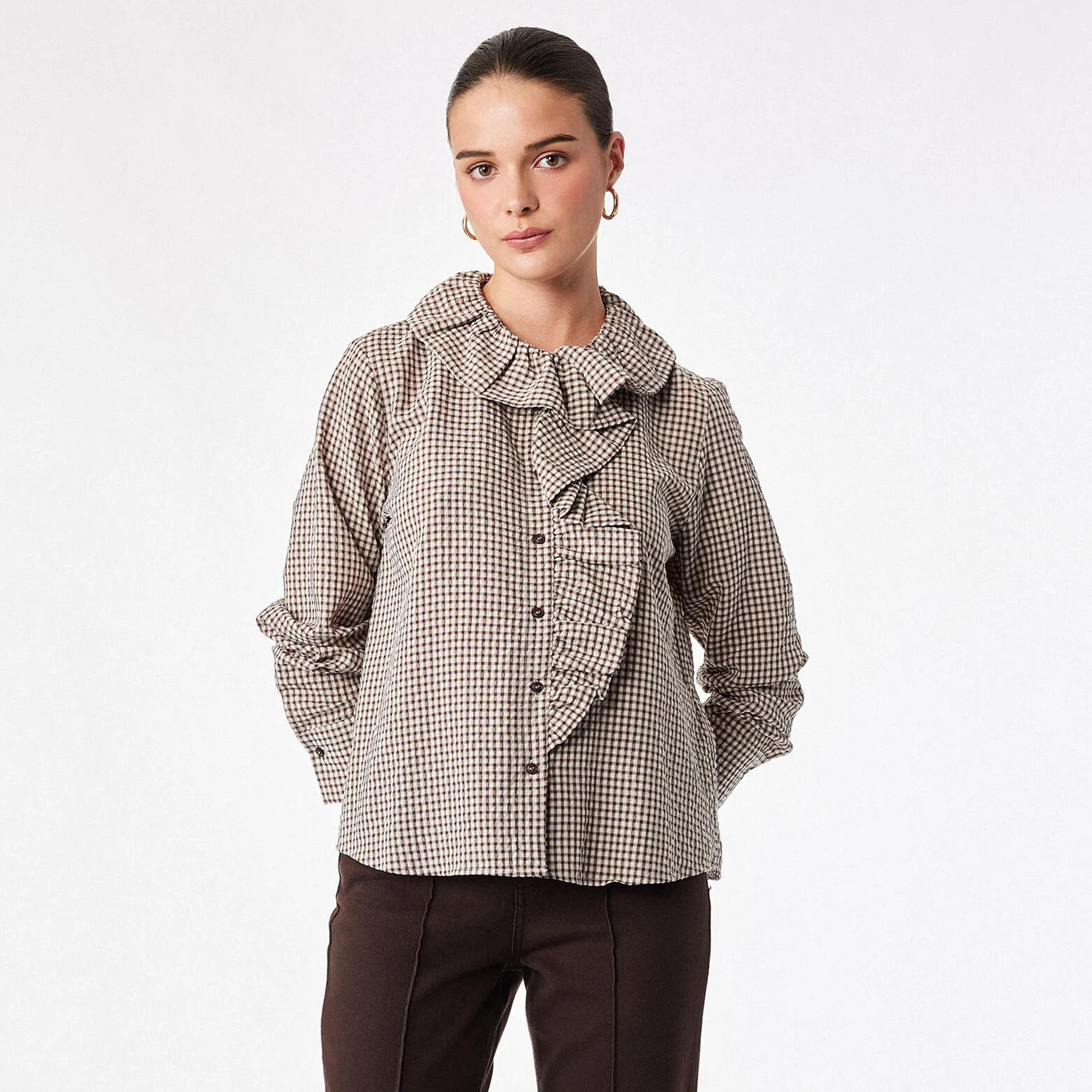KOTON Brown Checked Women's Ruffled Top-women-clothing-shirtsandblouses-blouses-image-1