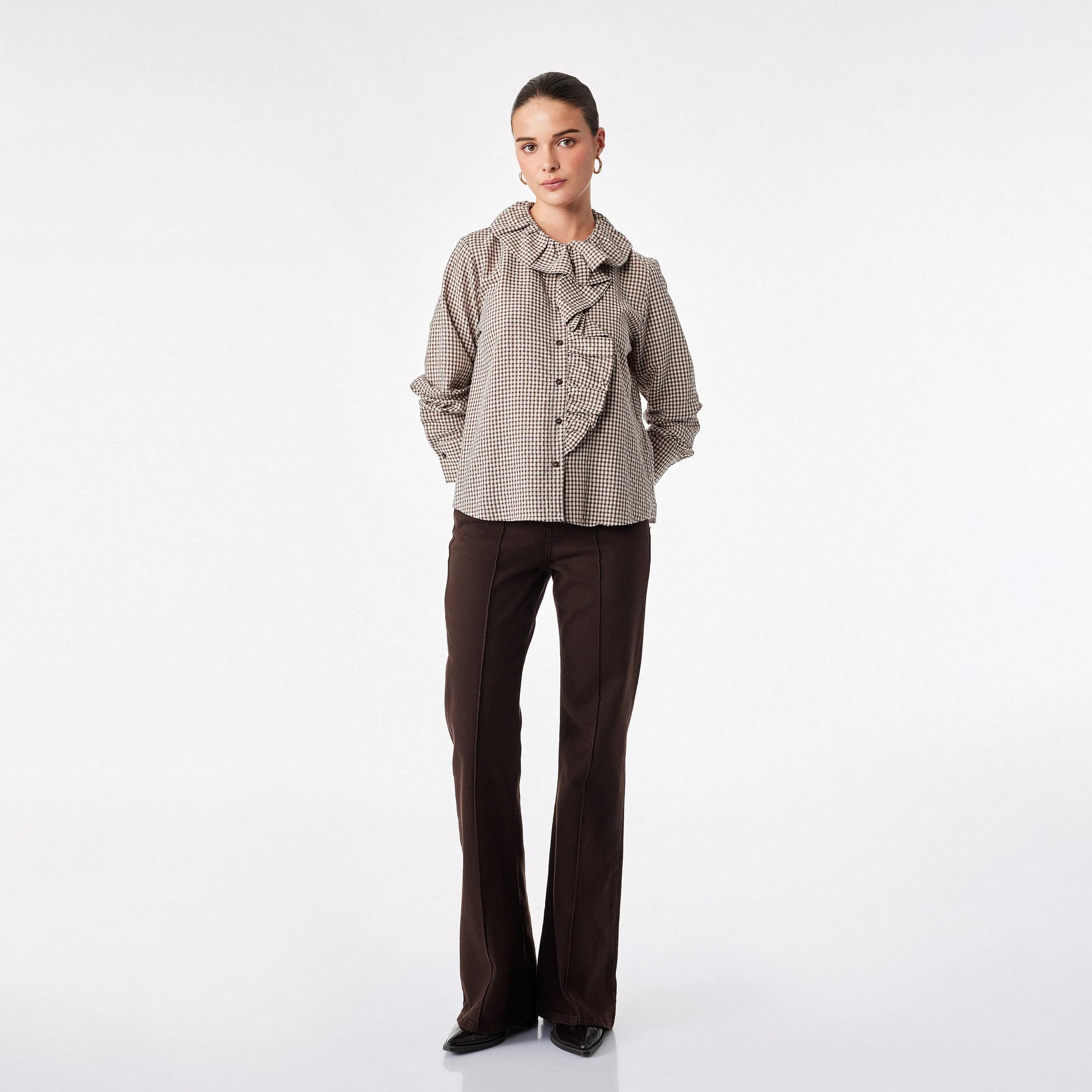 KOTON Brown Checked Women's Ruffled Top-women-clothing-shirtsandblouses-blouses-image-2