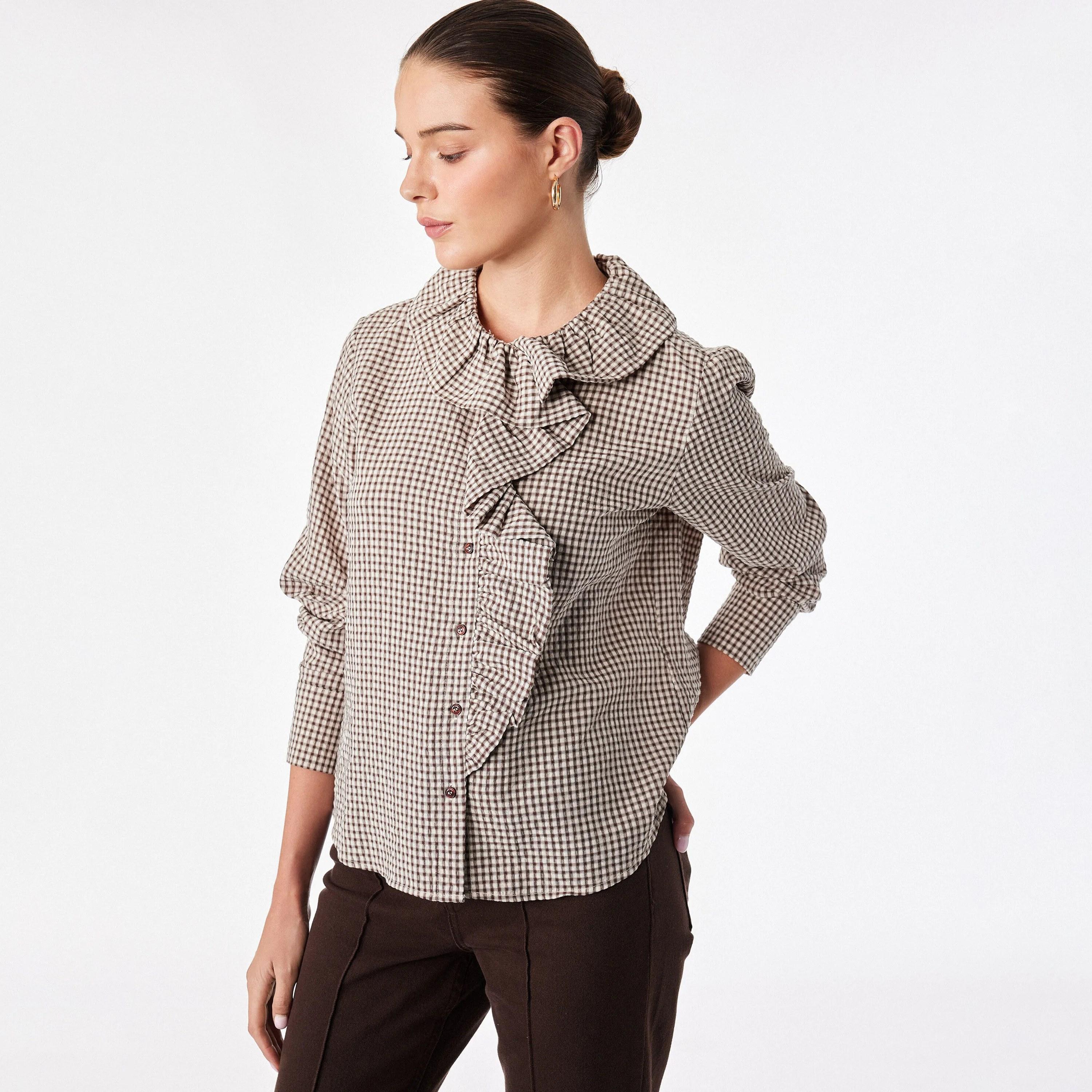 KOTON Brown Checked Women's Ruffled Top-women-clothing-shirtsandblouses-blouses-image-3