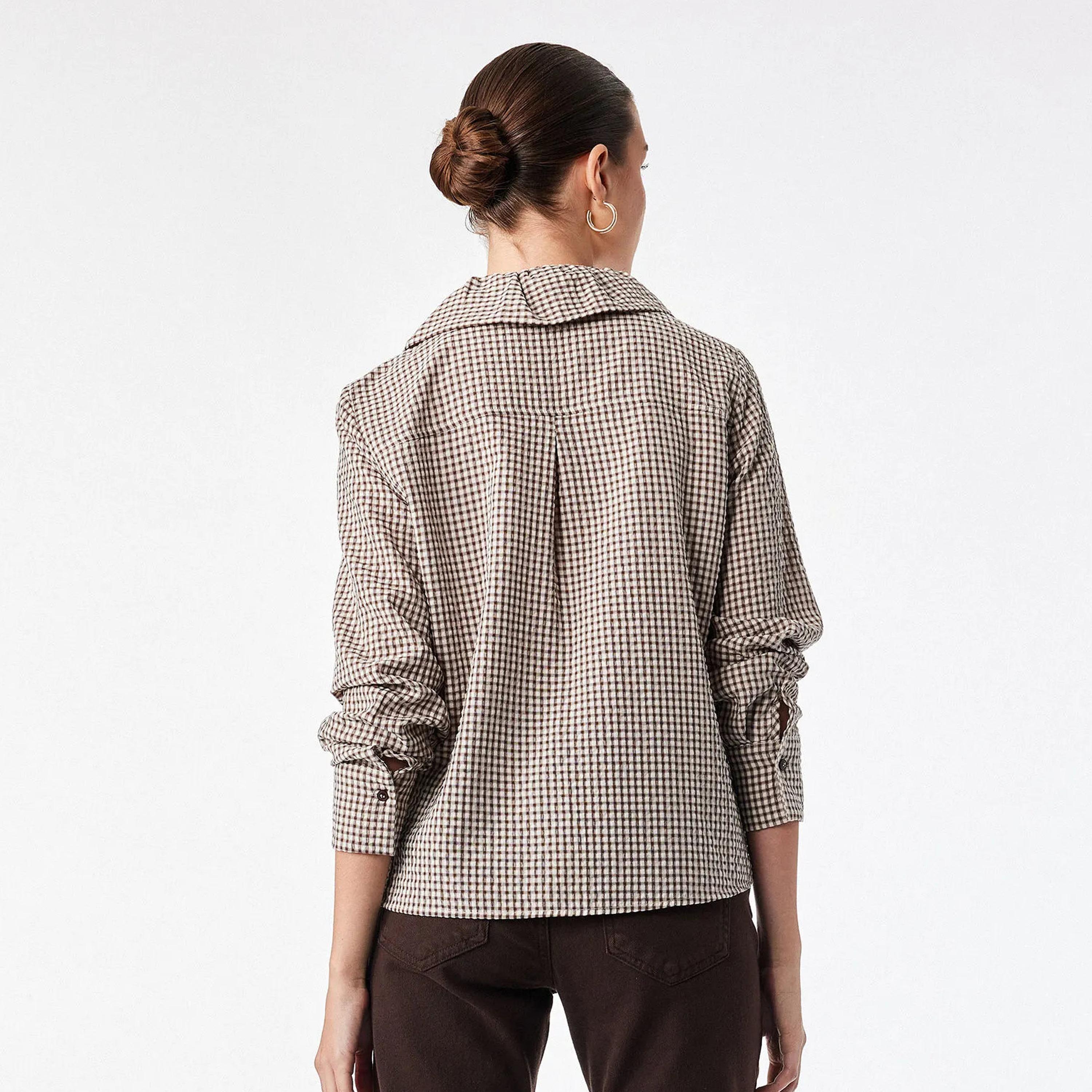 KOTON Brown Checked Women's Ruffled Top-women-clothing-shirtsandblouses-blouses-image-4