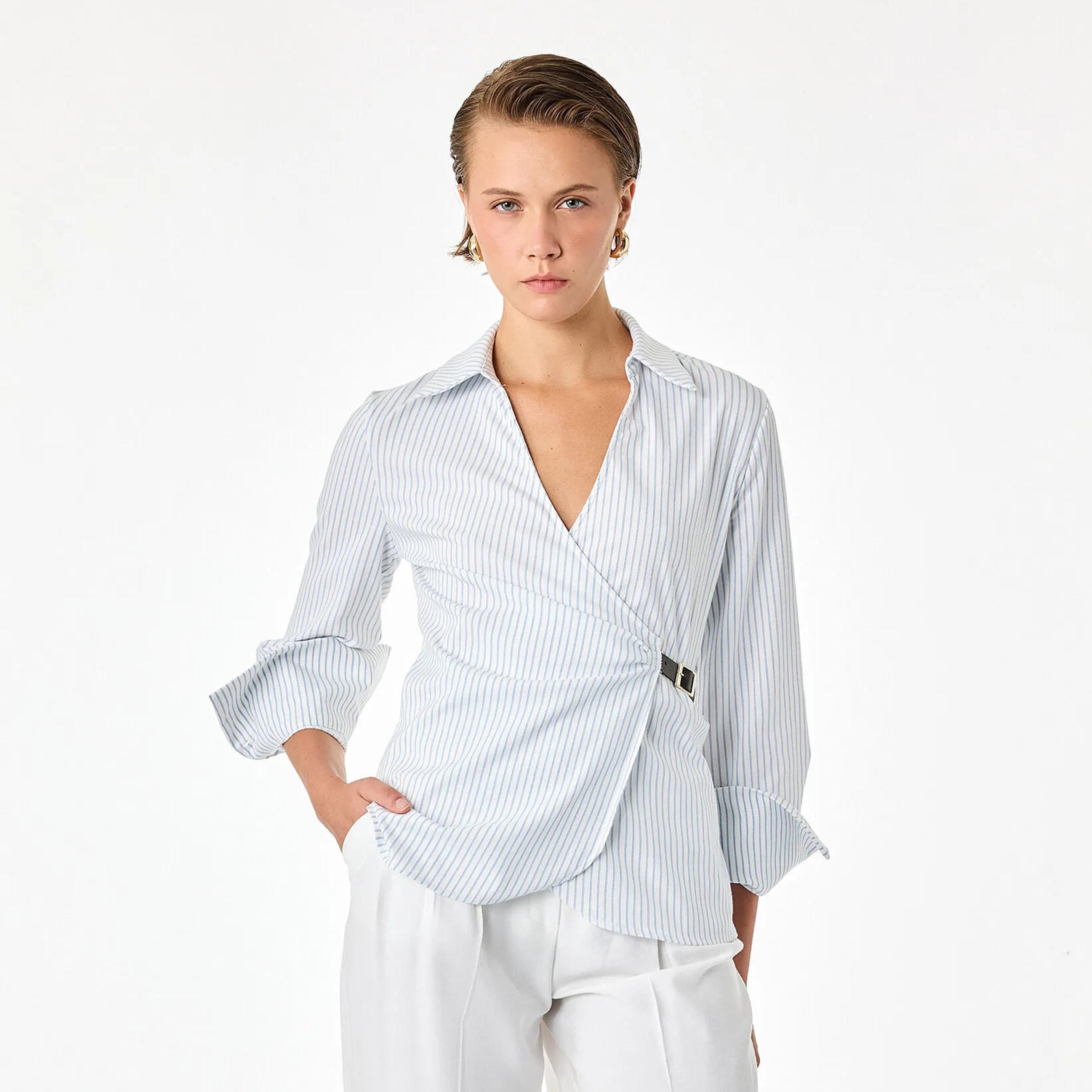 KOTON White Striped Surplice Neck Women's Wrap Top-women-clothing-shirtsandblouses-blouses-image-1