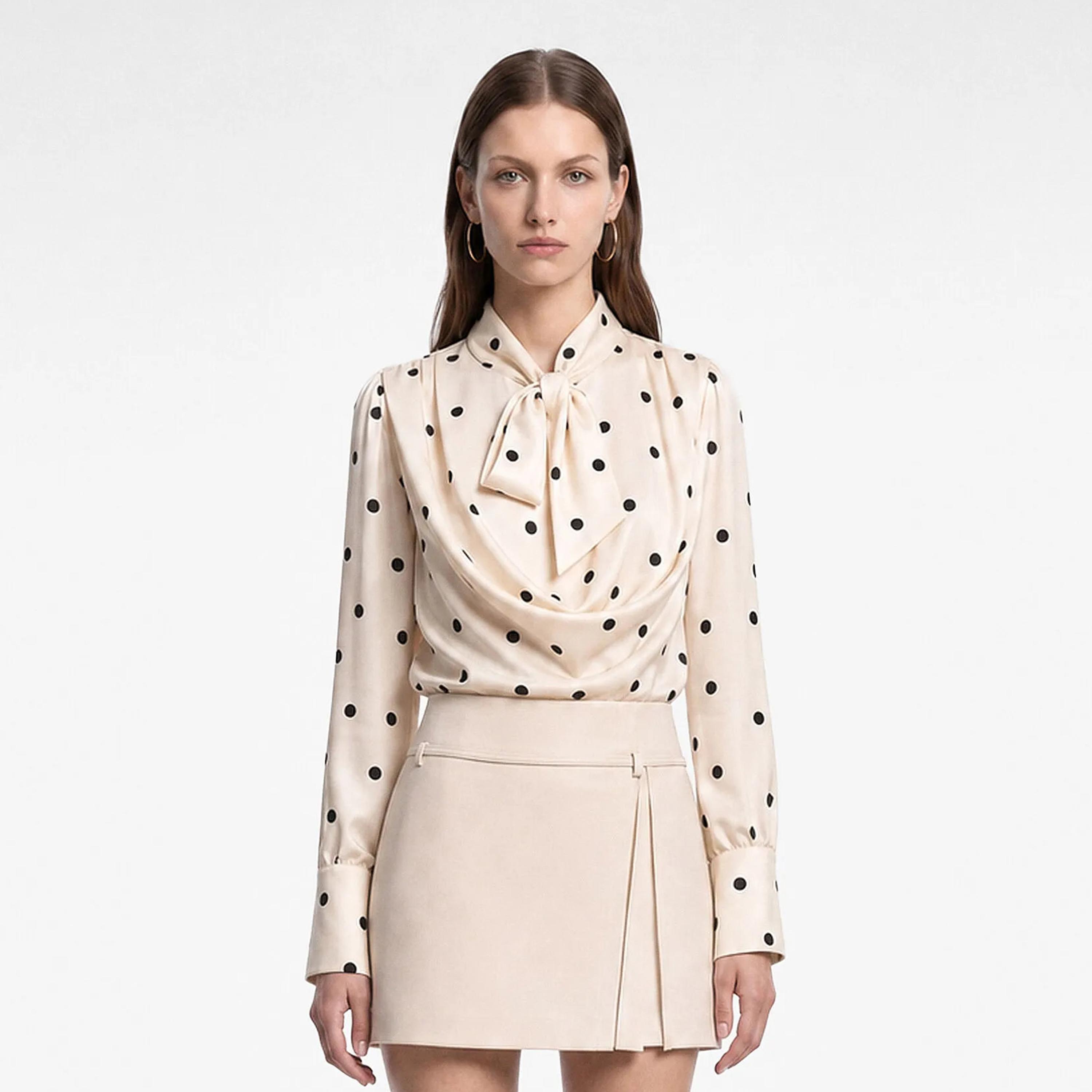 KOTON Cream Polka Dot Tie-Up Neck Women's Top-women-clothing-shirtsandblouses-blouses-image-1