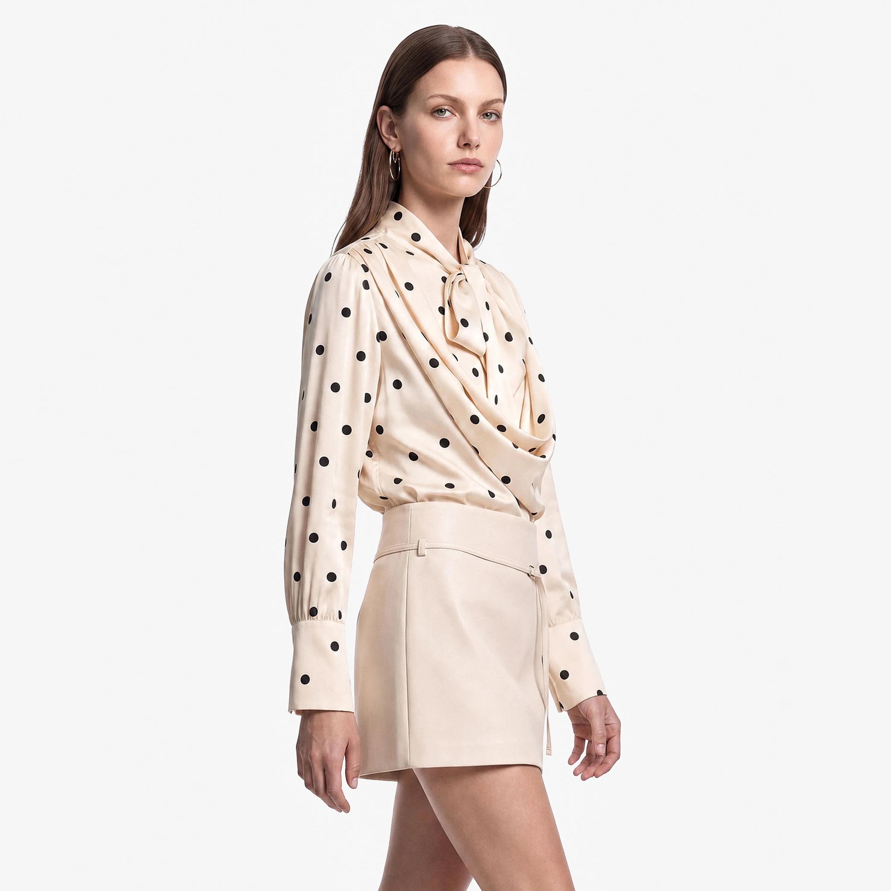 KOTON Cream Polka Dot Tie-Up Neck Women's Top-women-clothing-shirtsandblouses-blouses-image-3
