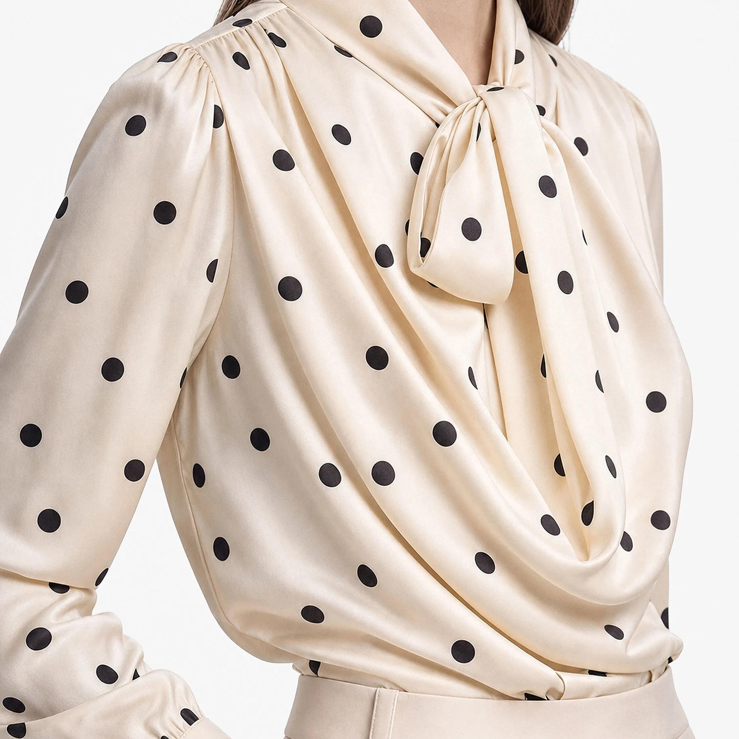KOTON Cream Polka Dot Tie-Up Neck Women's Top-women-clothing-shirtsandblouses-blouses-image-4