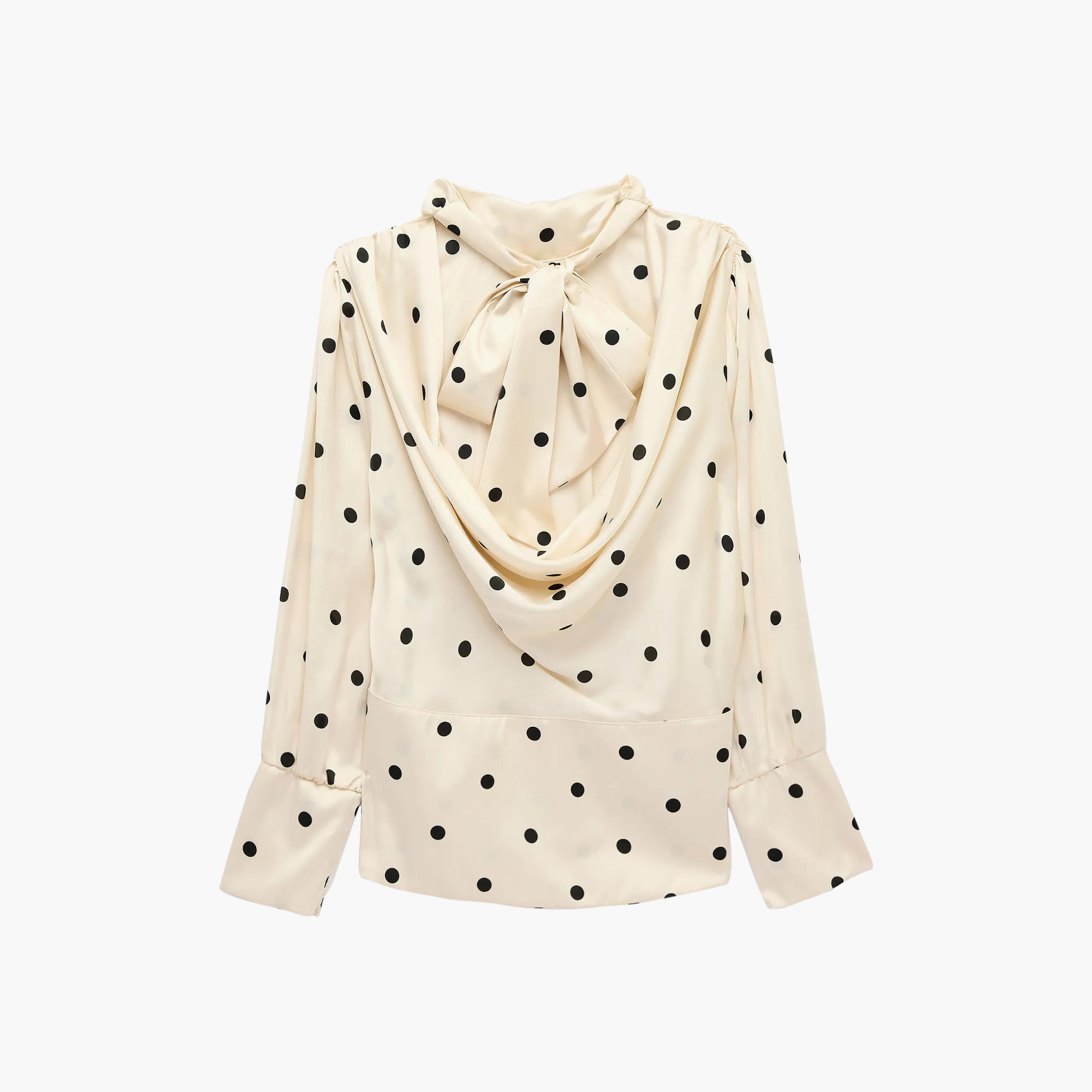 KOTON Cream Polka Dot Tie-Up Neck Women's Top-women-clothing-shirtsandblouses-blouses-image-5
