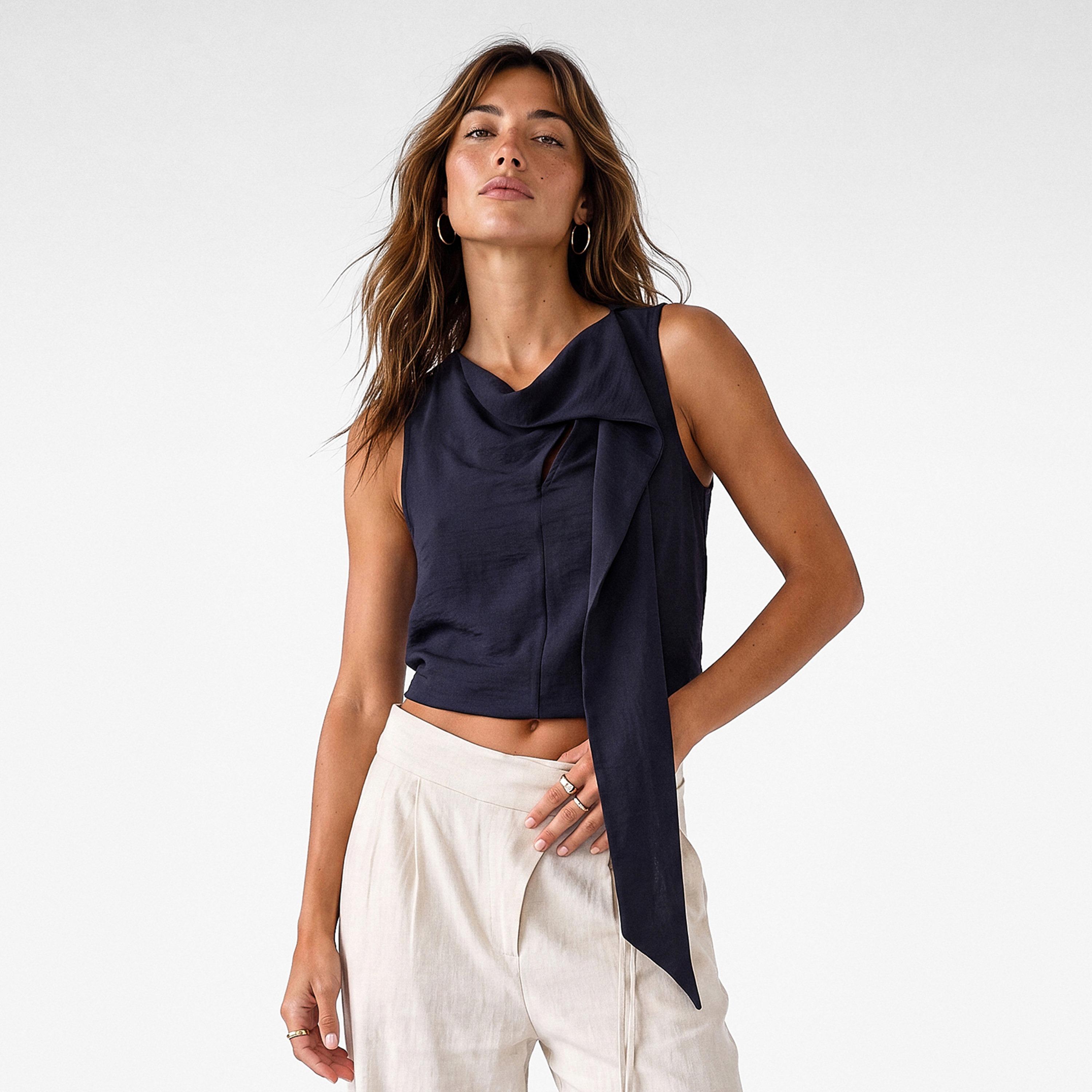 بلوزة حريمي بياقة متساقطة (كاول) باللون الأزرق من كوتون-women-clothing-shirtsandblouses-blouses-image-1