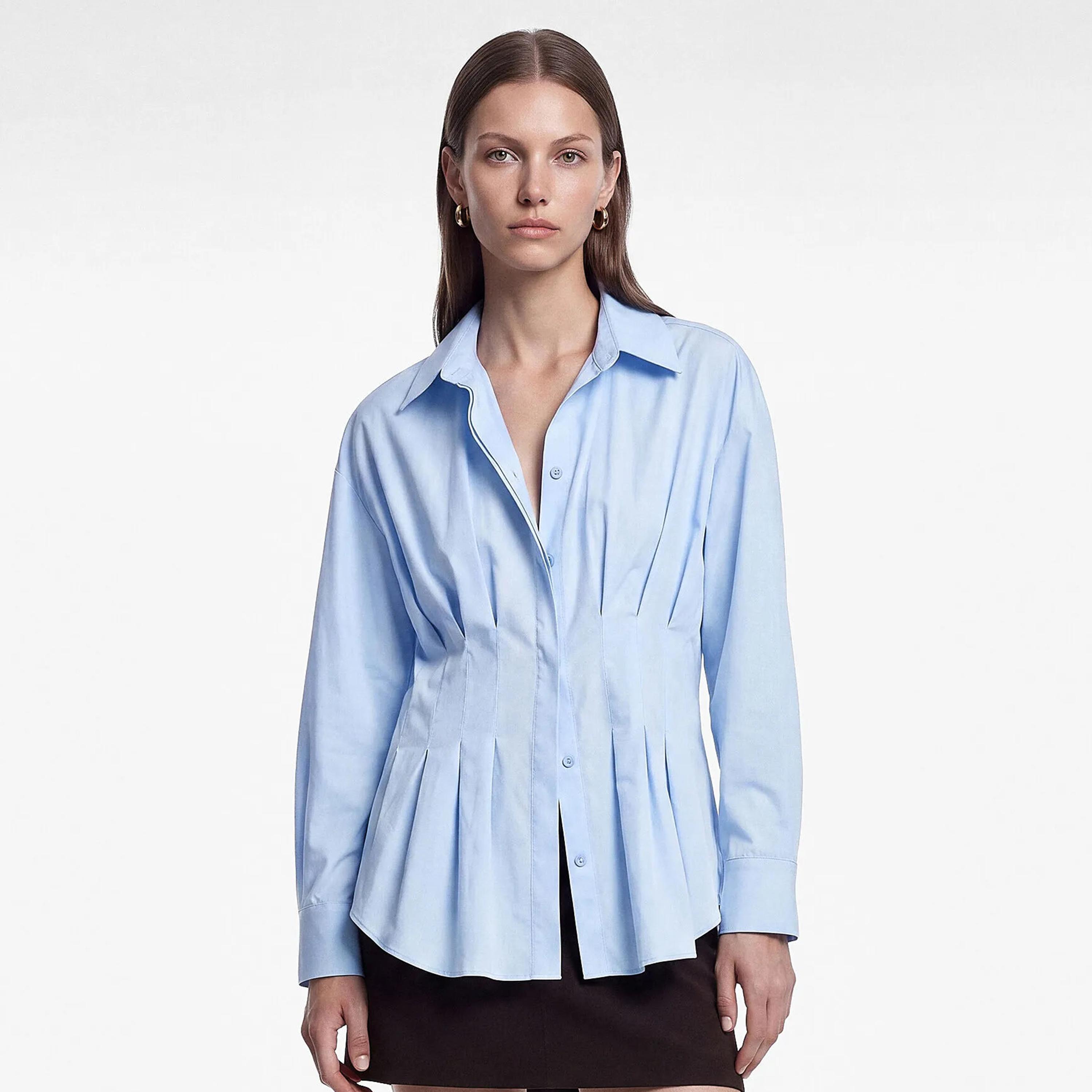 KOTON Blue Pleated Collared Dropped Sleeves Women's Shirt-women-clothing-shirtsandblouses-shirts-image-1