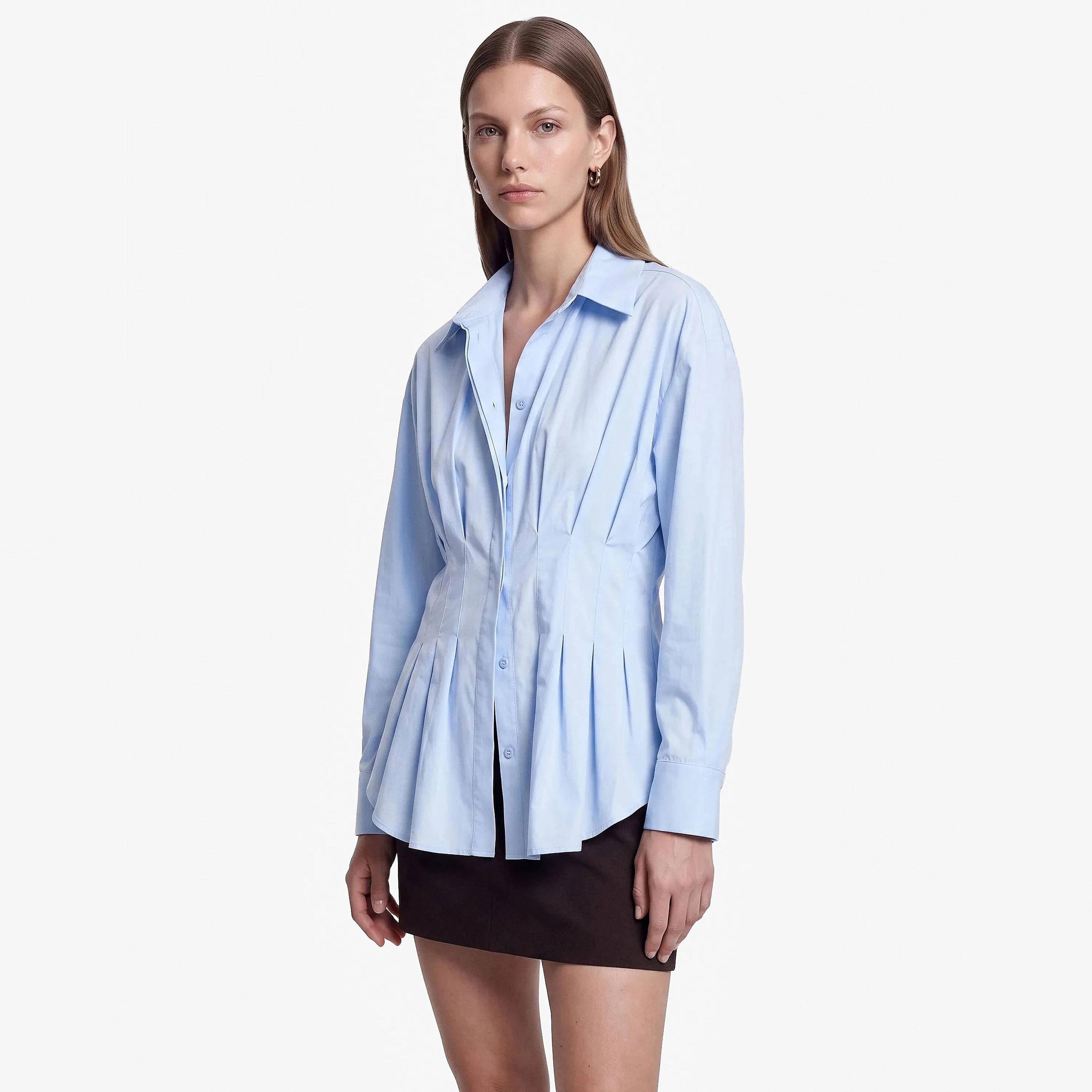 KOTON Blue Pleated Collared Dropped Sleeves Women's Shirt-women-clothing-shirtsandblouses-shirts-image-3