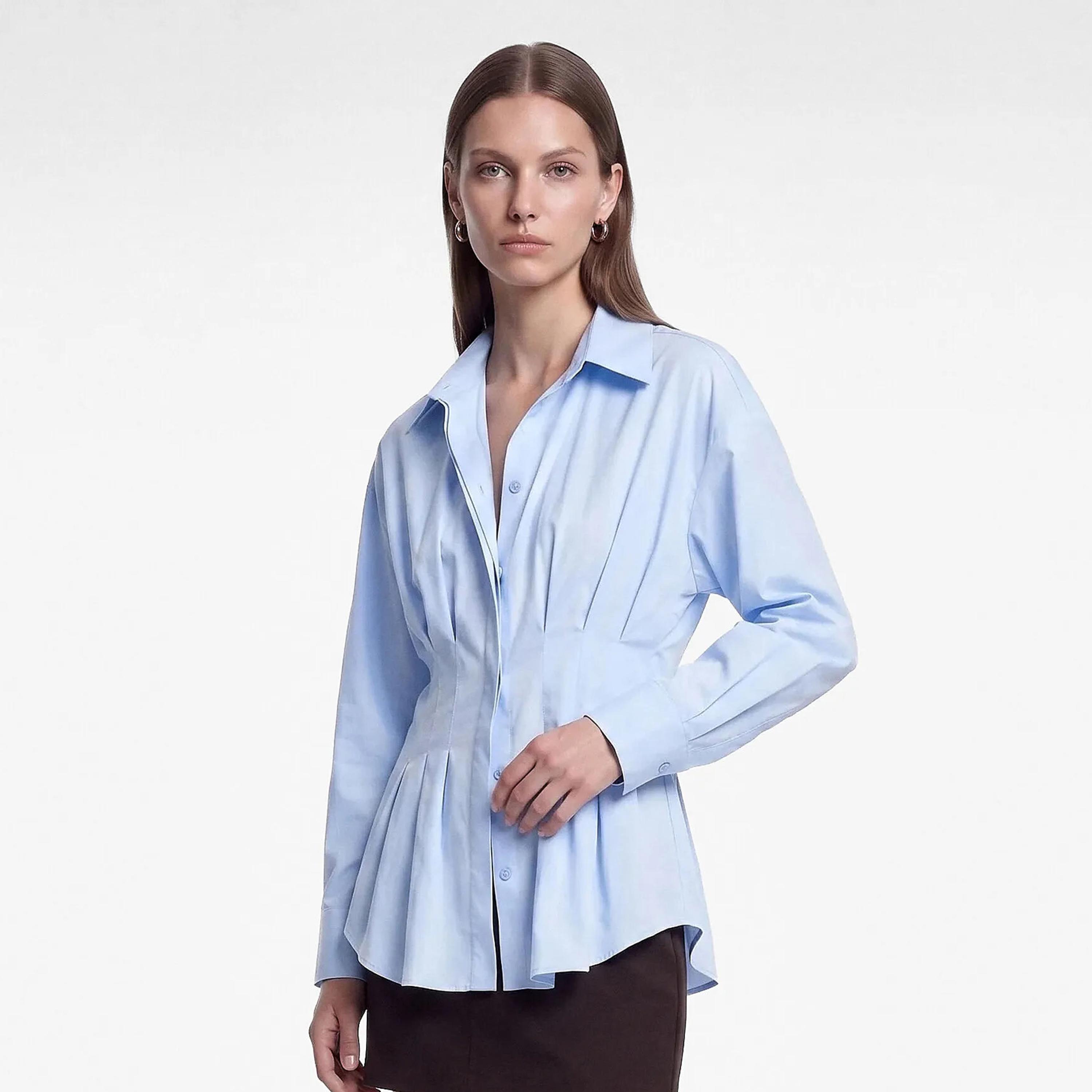 KOTON Blue Pleated Collared Dropped Sleeves Women's Shirt-women-clothing-shirtsandblouses-shirts-image-5