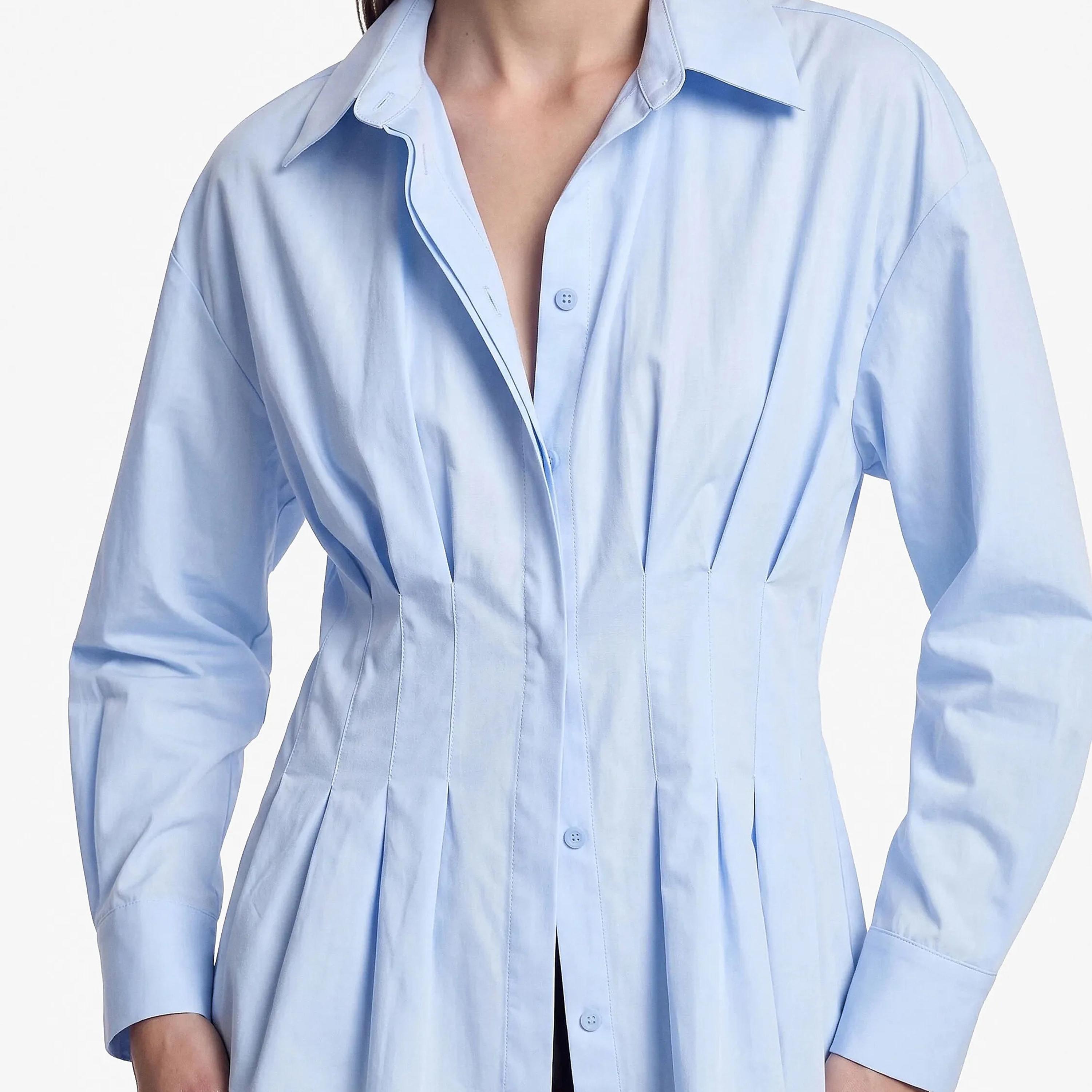 KOTON Blue Pleated Collared Dropped Sleeves Women's Shirt-women-clothing-shirtsandblouses-shirts-image-6