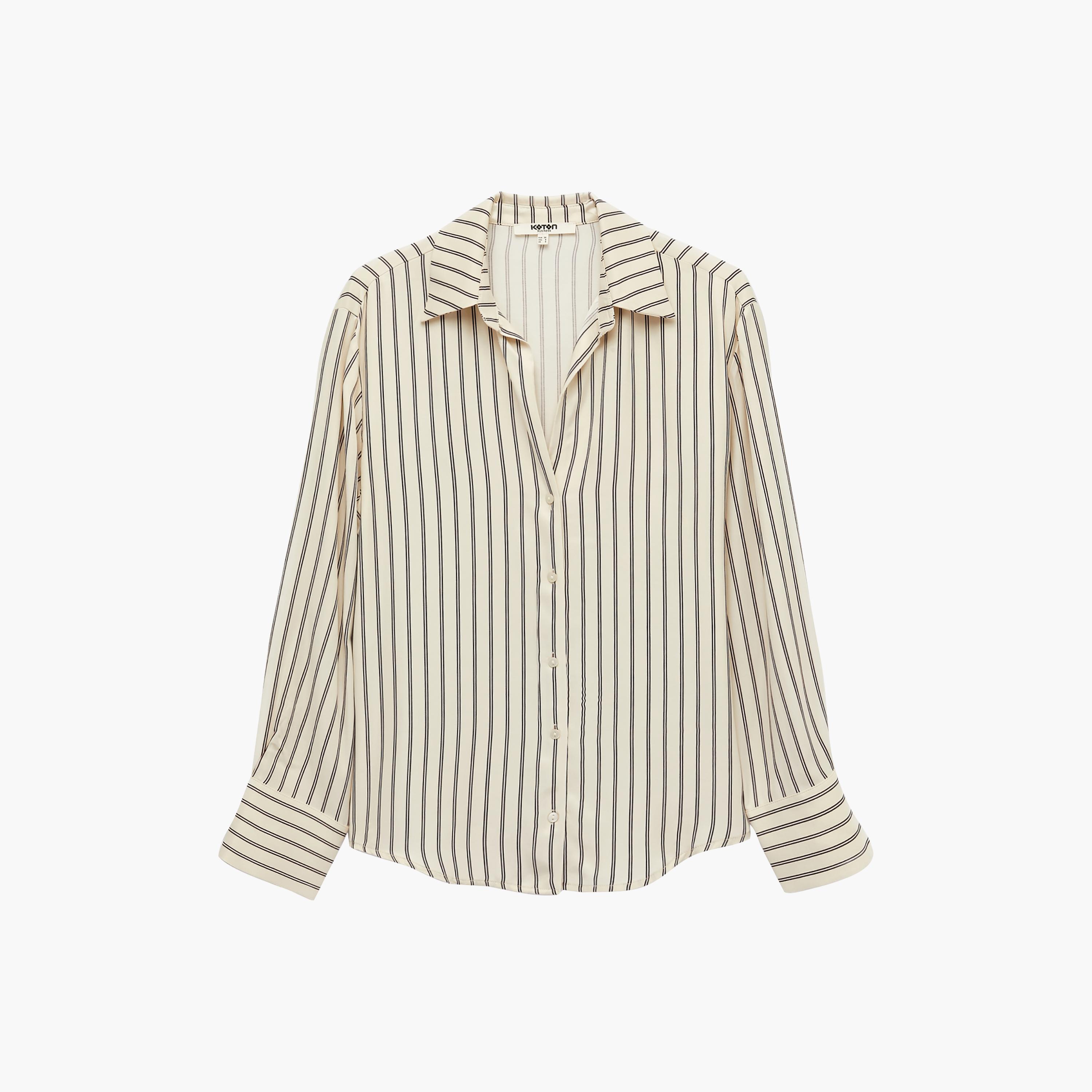 KOTON Beige Striped Collared Women's Shirt-women-clothing-shirtsandblouses-shirts-image-1