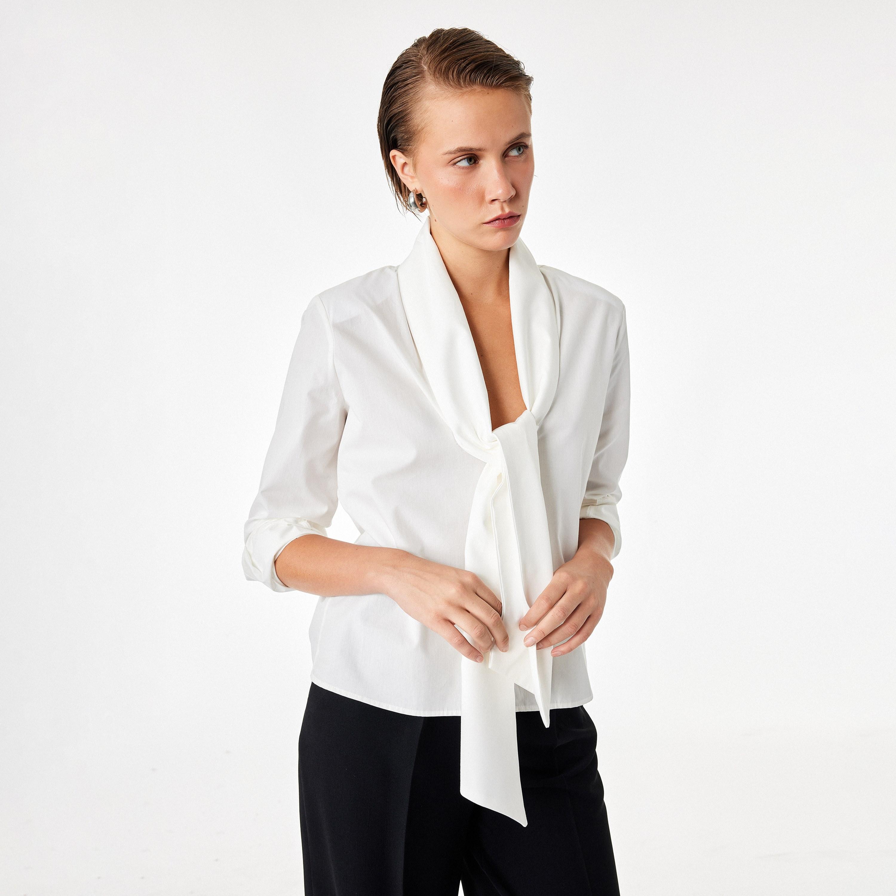 KOTON White Cotton Tie-Up Neck Women's Shirt-women-clothing-shirtsandblouses-shirts-image-1