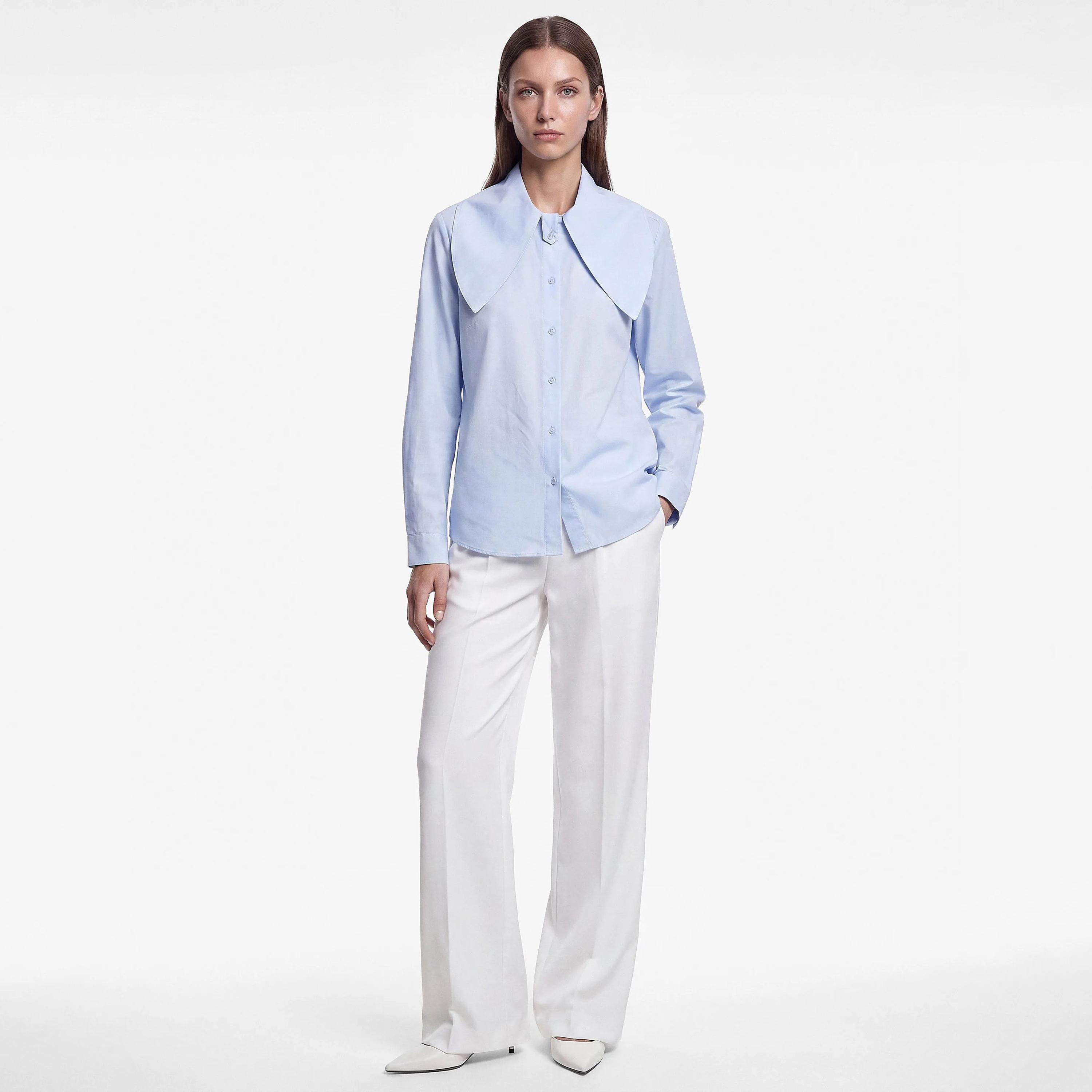 قميص حريمي أزرق من قماش القطن بياقة من كوتون-women-clothing-shirtsandblouses-shirts-image-2