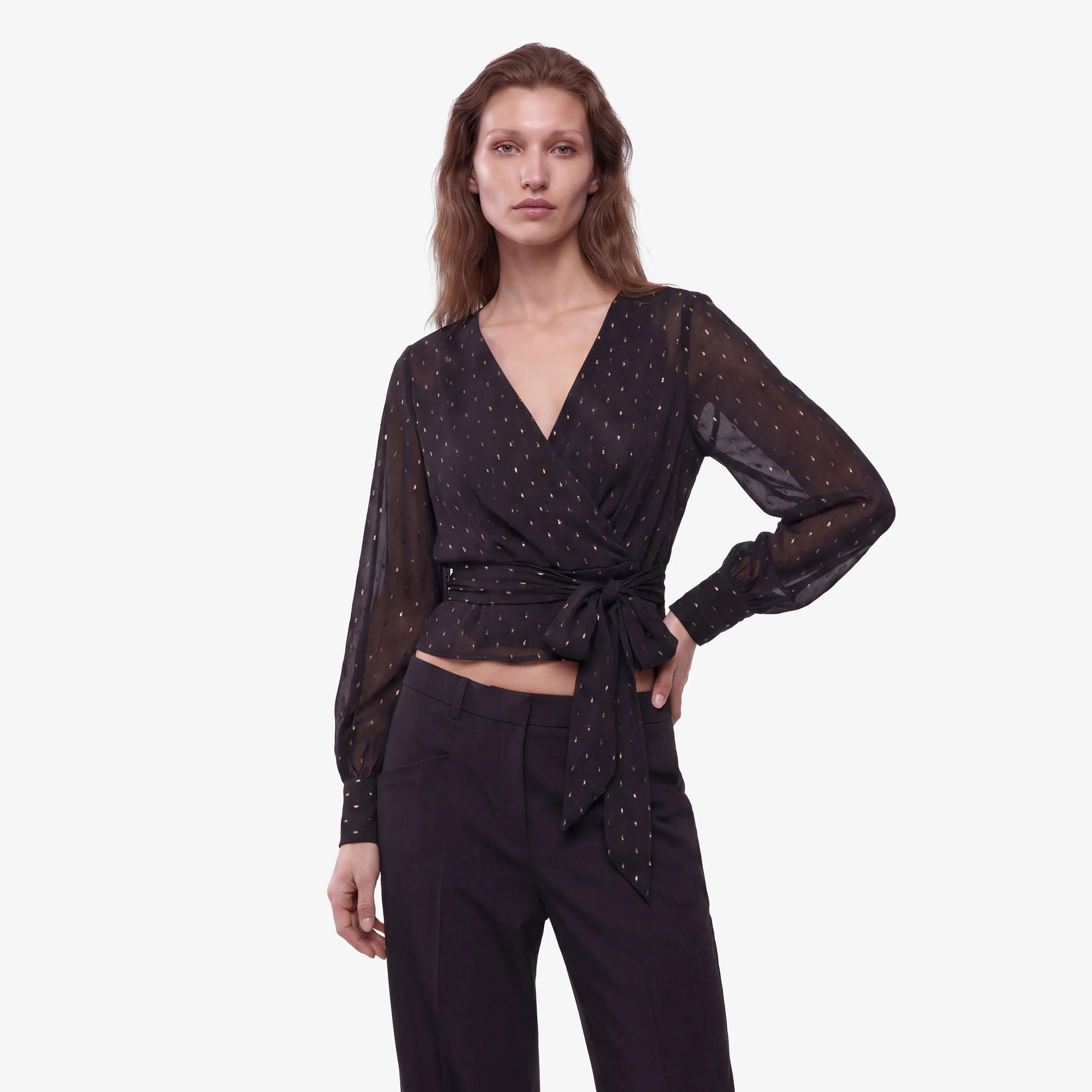 KOTON Black Metallic Surplice Neck Women's Wrap Top-women-clothing-shirtsandblouses-blouses-image-1