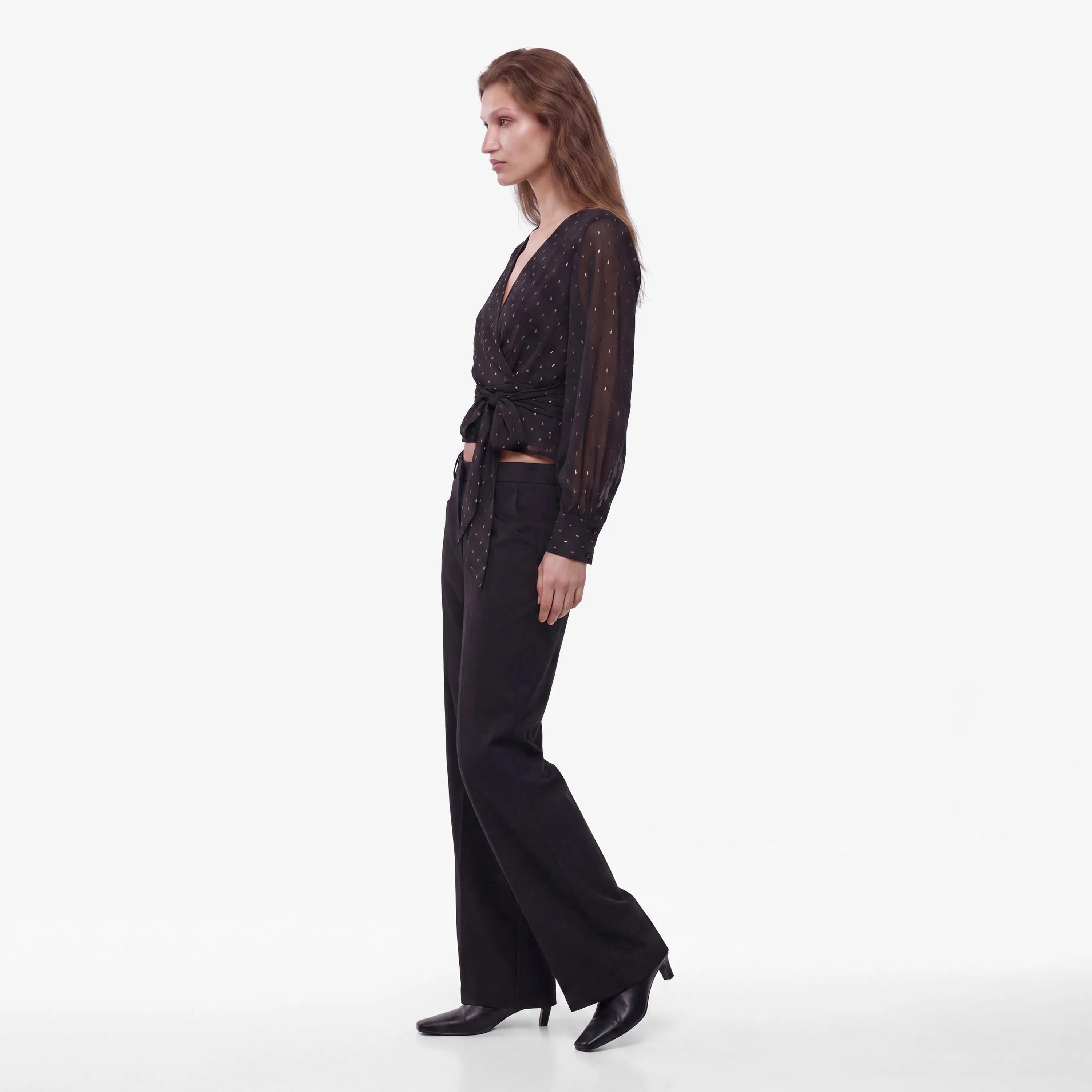 KOTON Black Metallic Surplice Neck Women's Wrap Top-women-clothing-shirtsandblouses-blouses-image-2